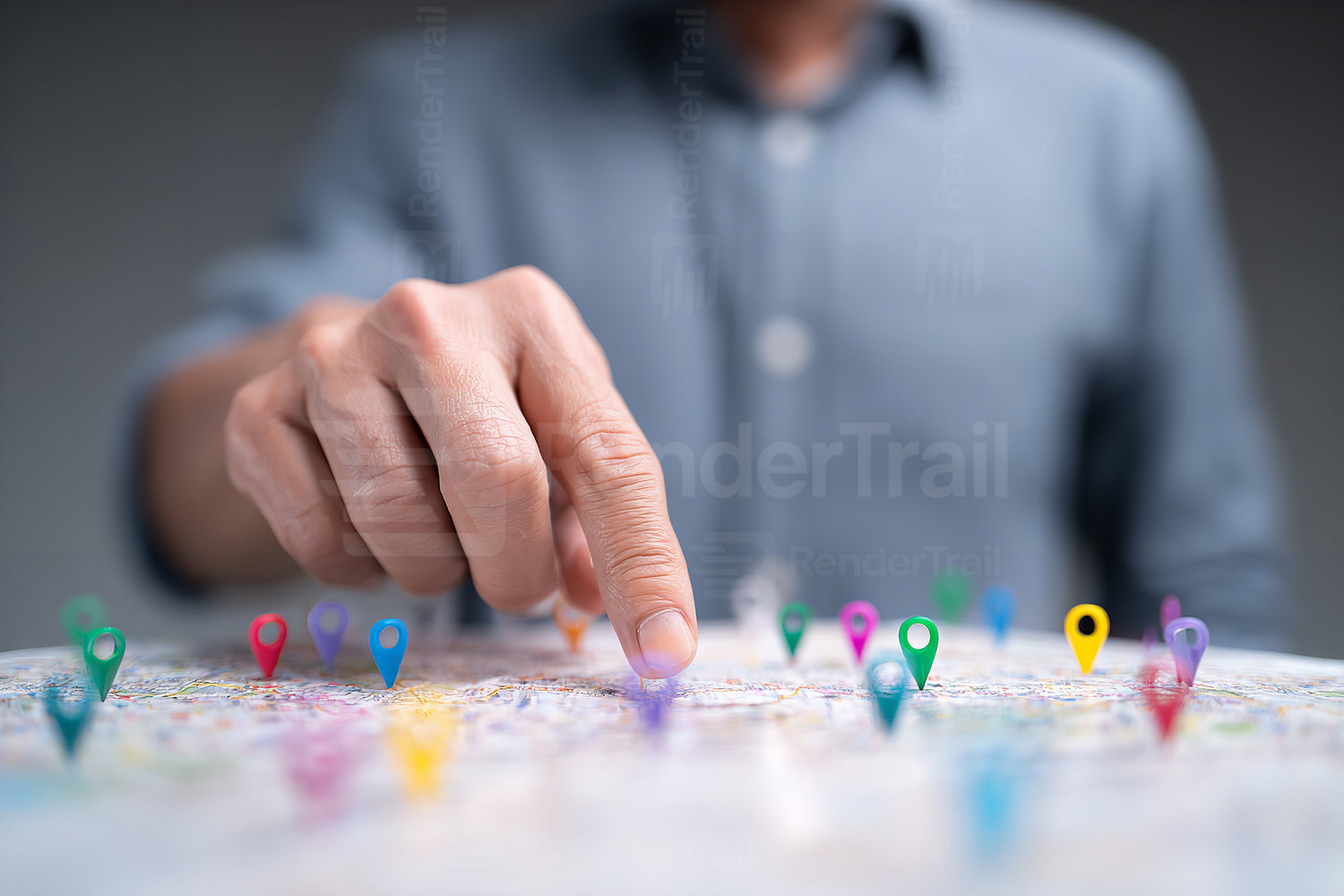 Person pointing at location markers on a map in an indoor setting during daylight hours