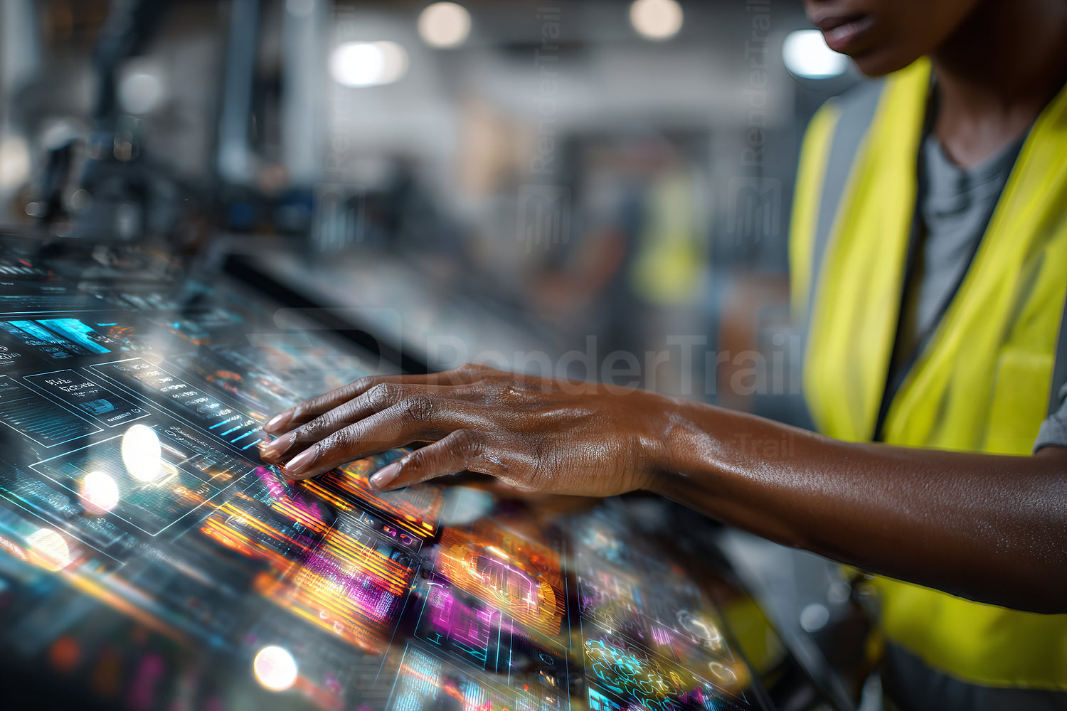 Worker interacts with advanced touchscreen display in a modern industrial setting during daytime operations