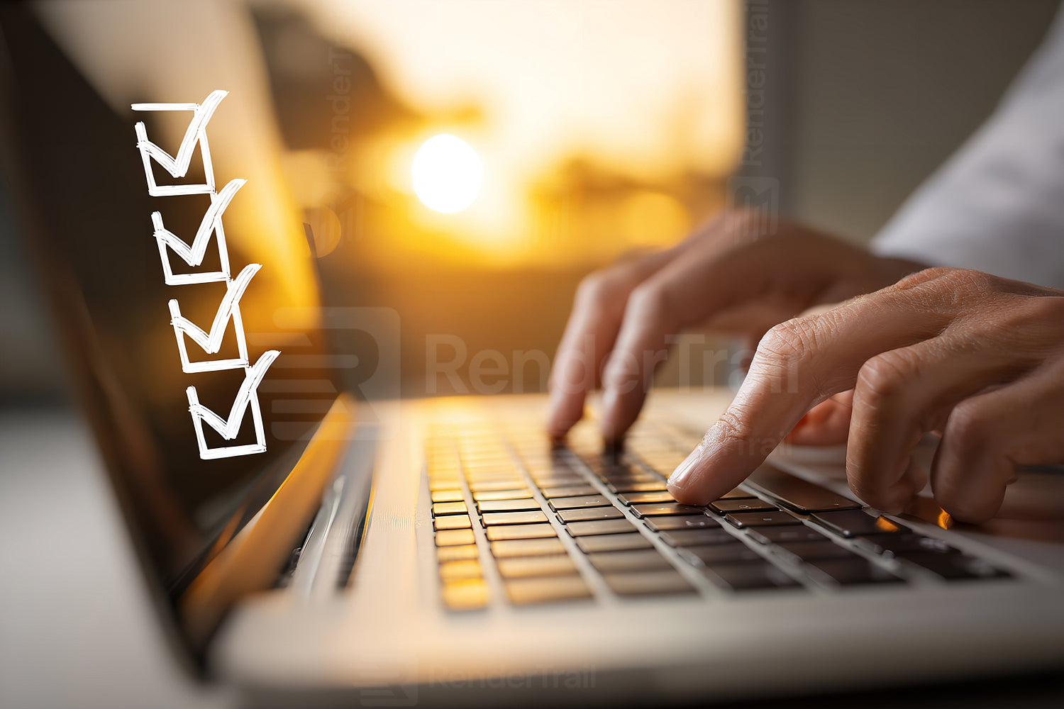 Hands typing on a laptop with a checklist graphic during sunset in a home office setting