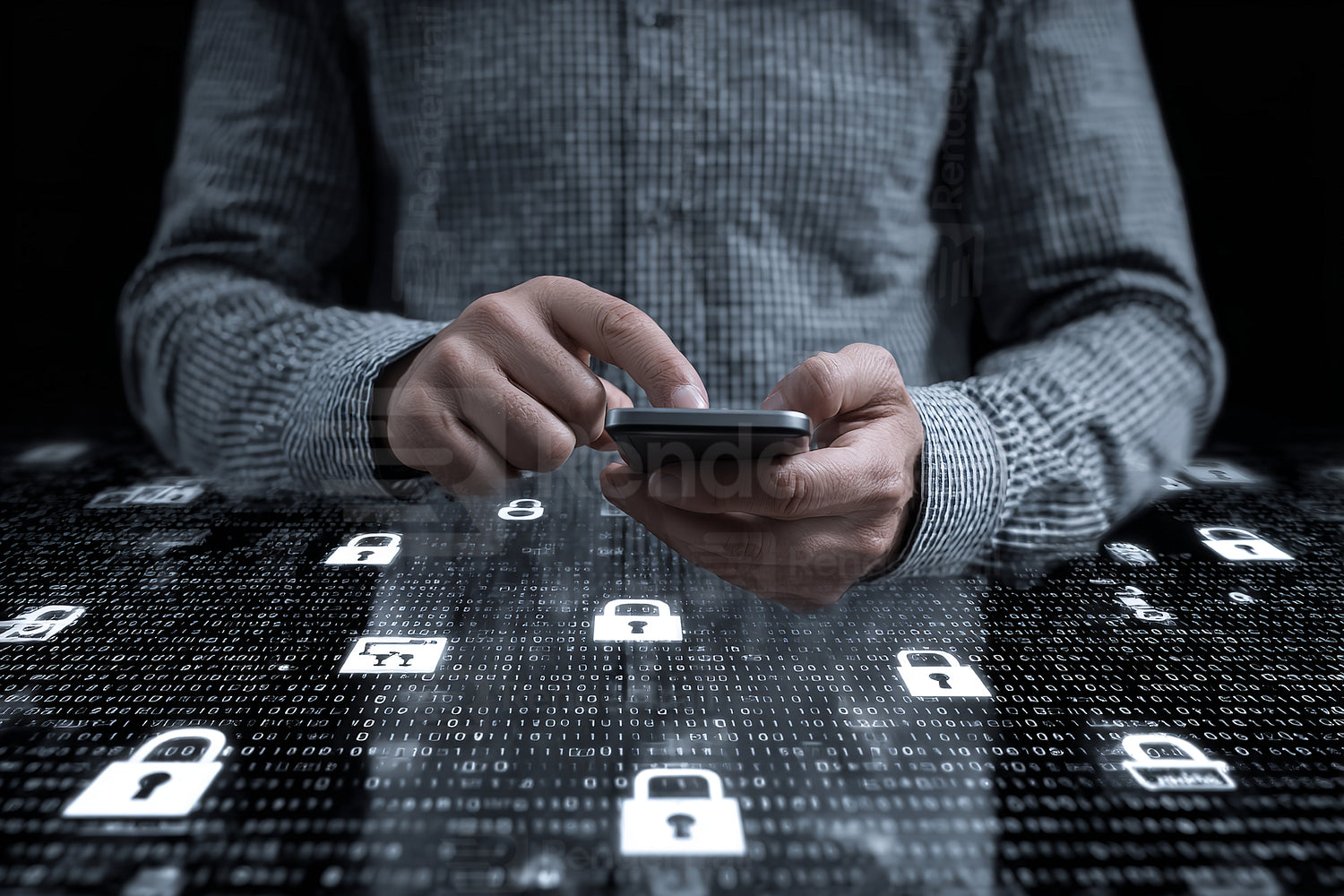 Person using smartphone amid digital security icons and binary code in a dark environment during evening hours