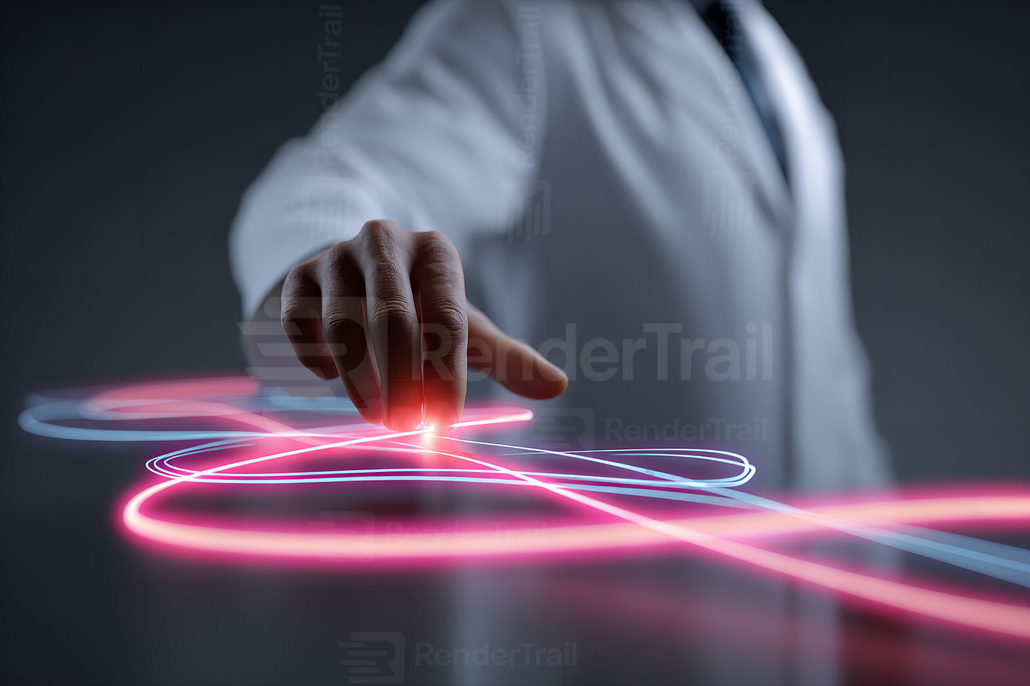 Scientist conducts research with innovative technology at a lab using glowing digital interfaces