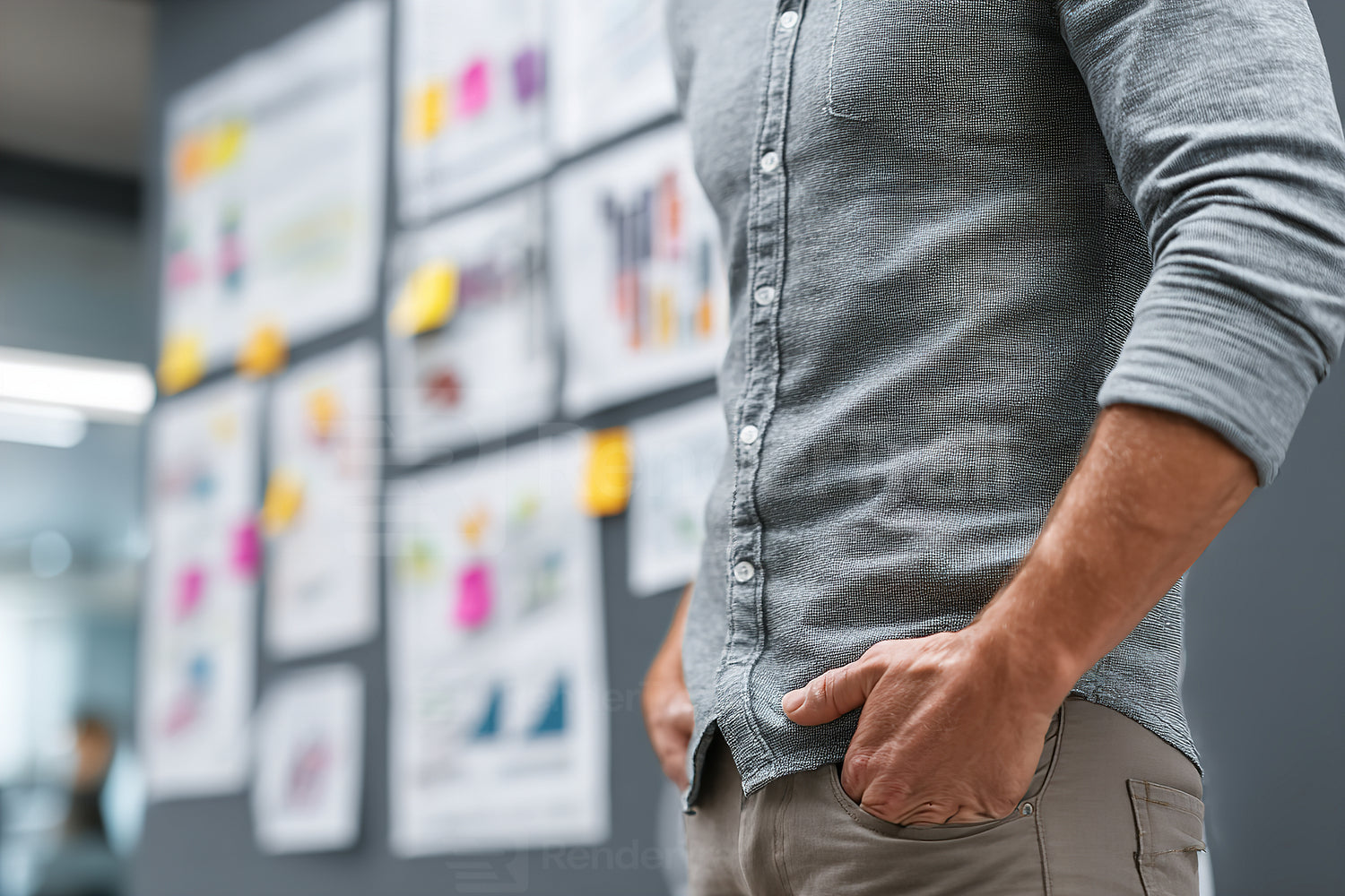 Man standing confidently in a creative workspace discussing ideas on a gray wall filled with colorful notes