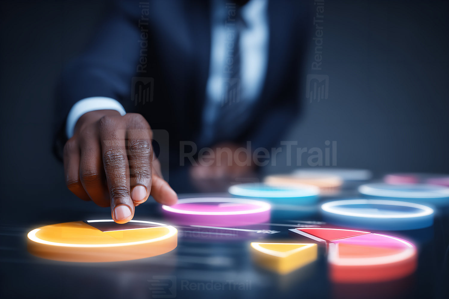 Business professional analyzing colorful data charts in a modern office setting
