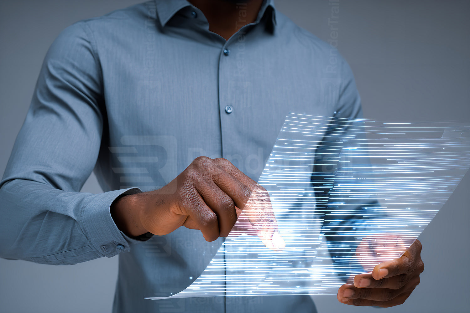 Digital interaction with holographic display in a modern office setting during the day