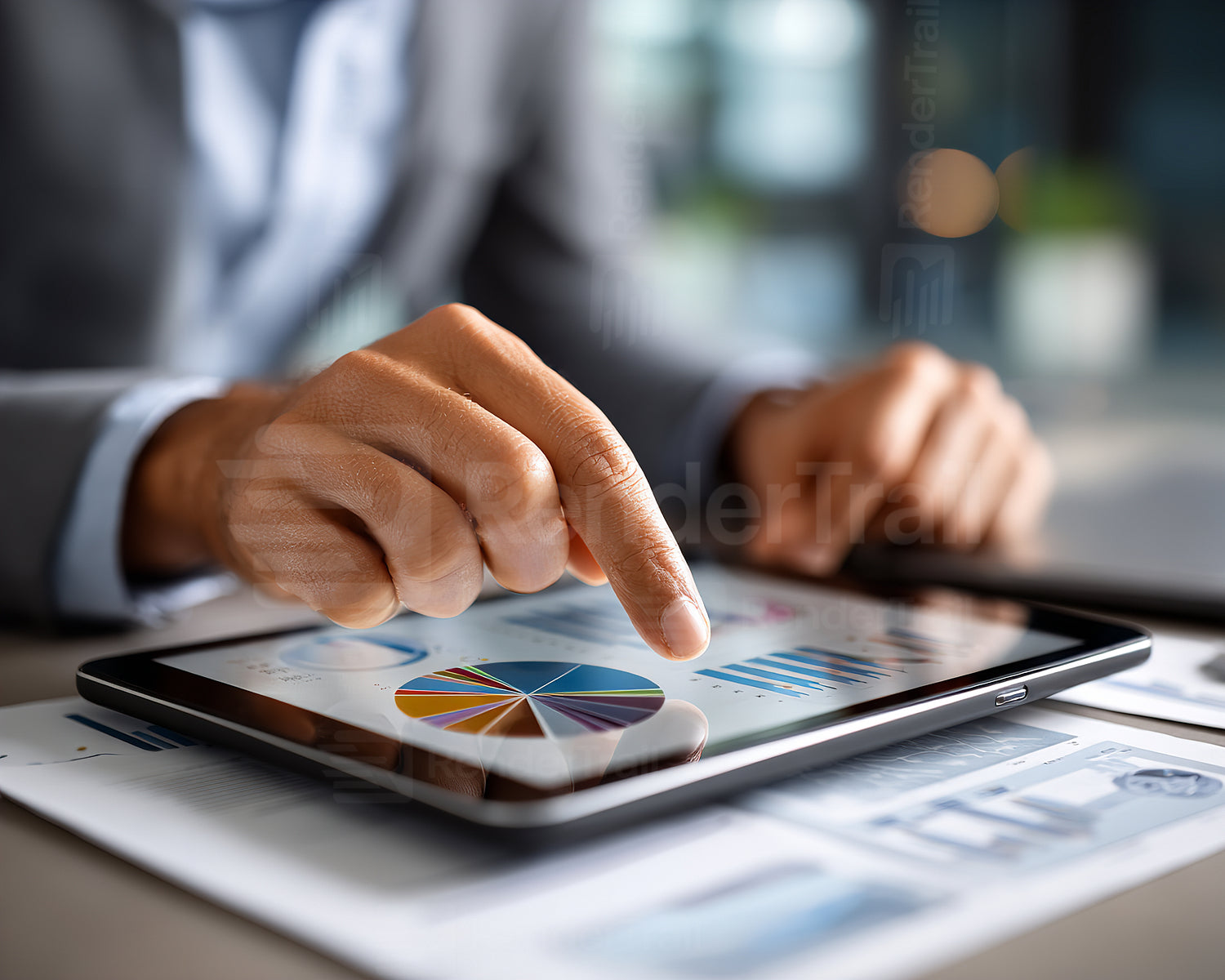 Business professional analyzing financial data on a digital tablet during a meeting in a modern office setting