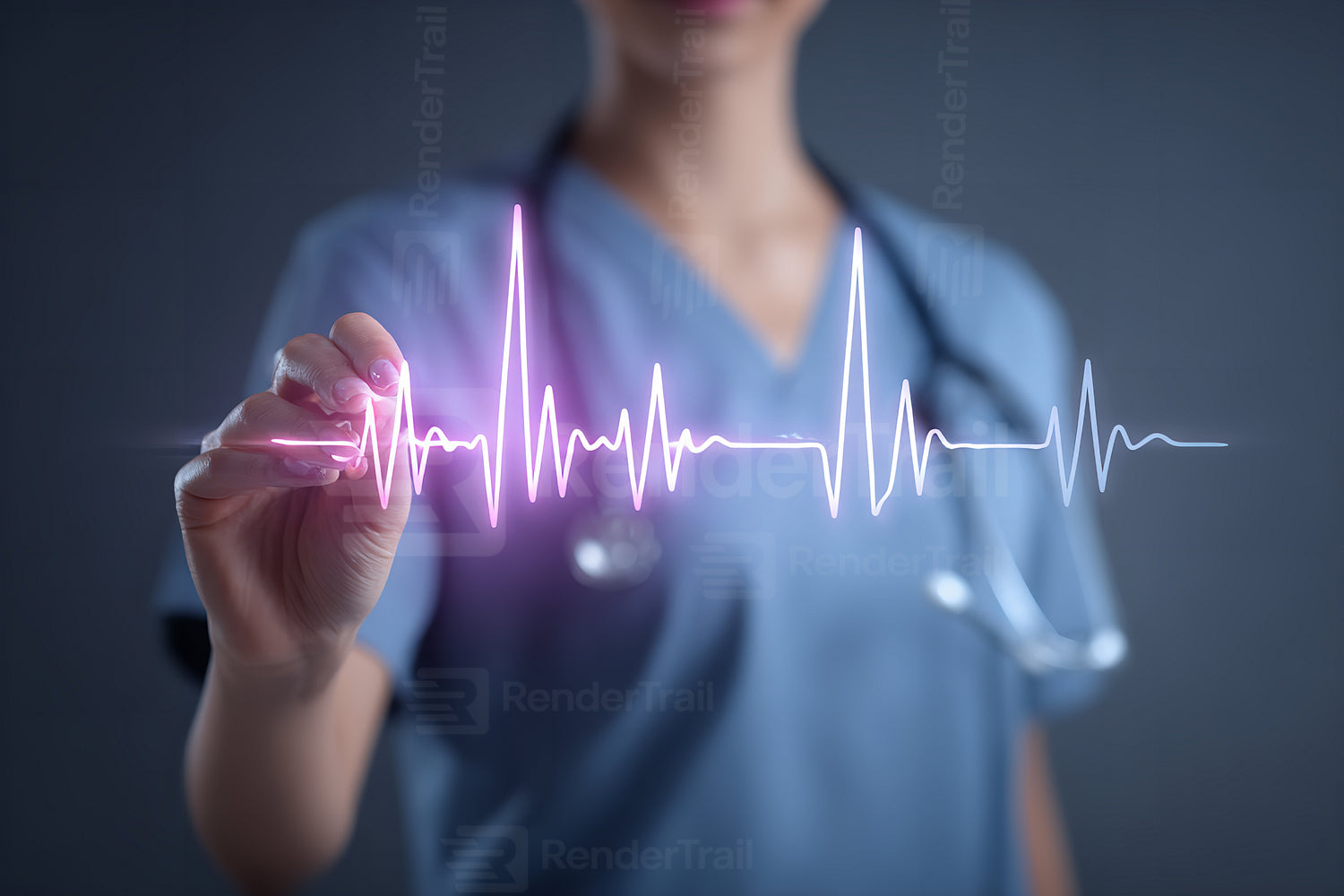 Medical professional illustrates heart rate on a digital screen in a clinical setting at night