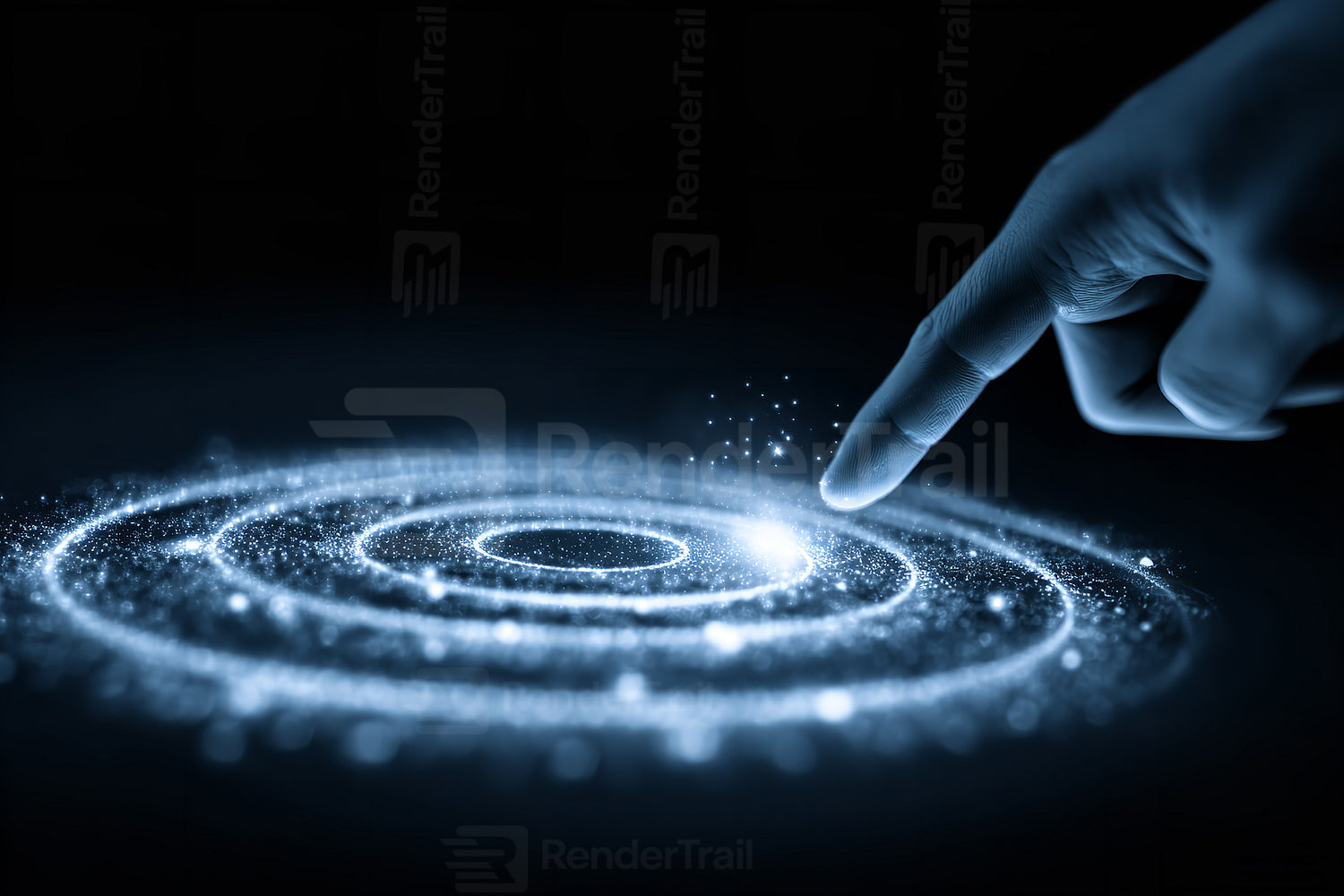 Touching the unseen cosmos with a finger in a mystical swirl of light and energy