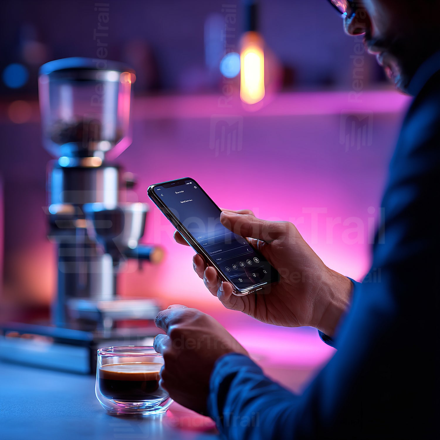 Person enjoying espresso while using smartphone in a stylish cafe during evening hours