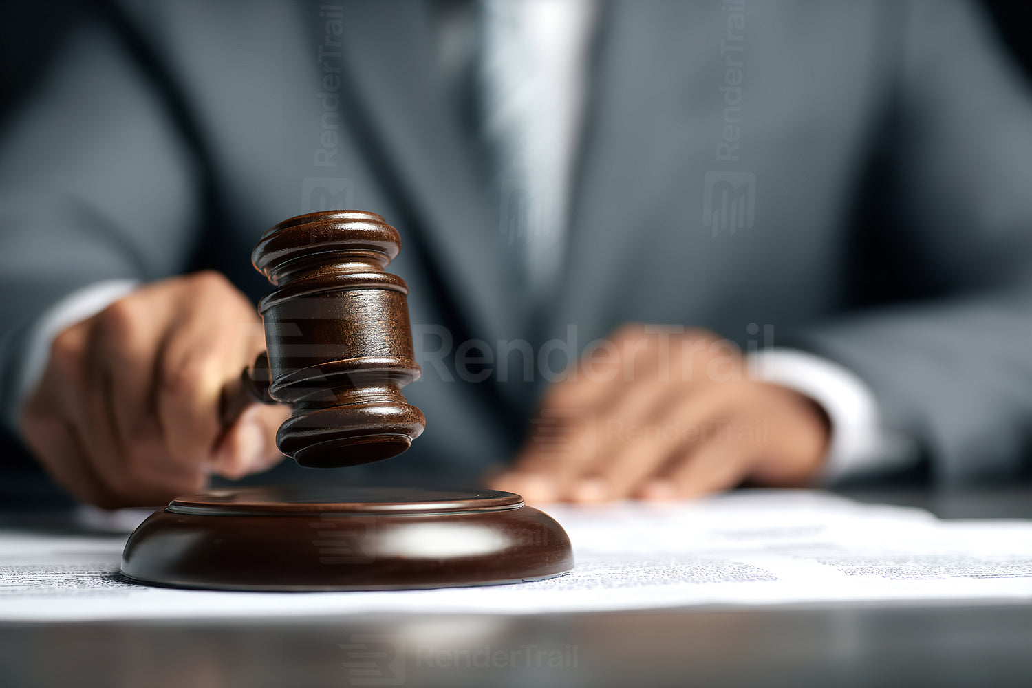 Gavel strikes against a legal document during a court session