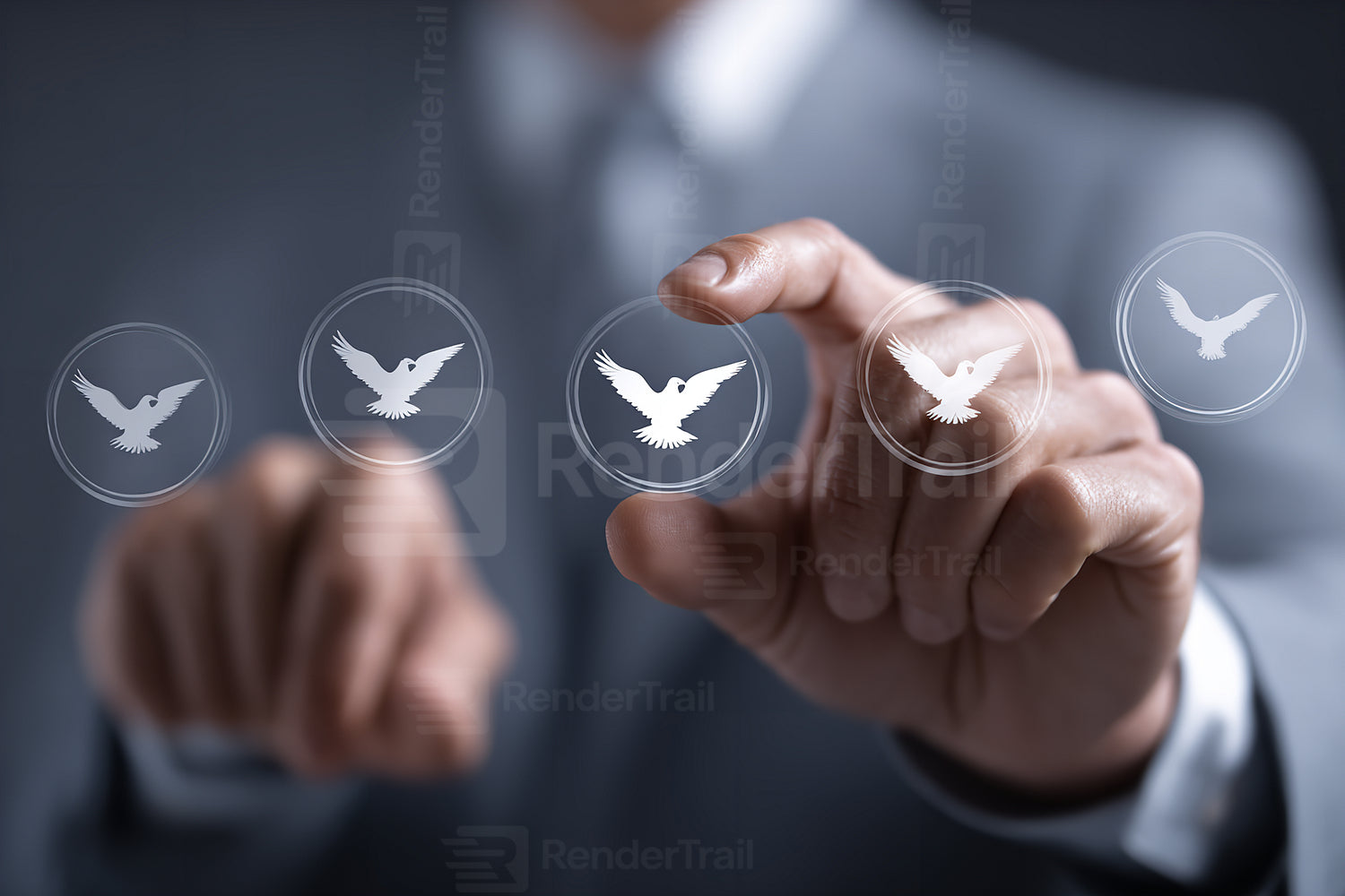 Digital interface with hand selecting bird icons in a business setting