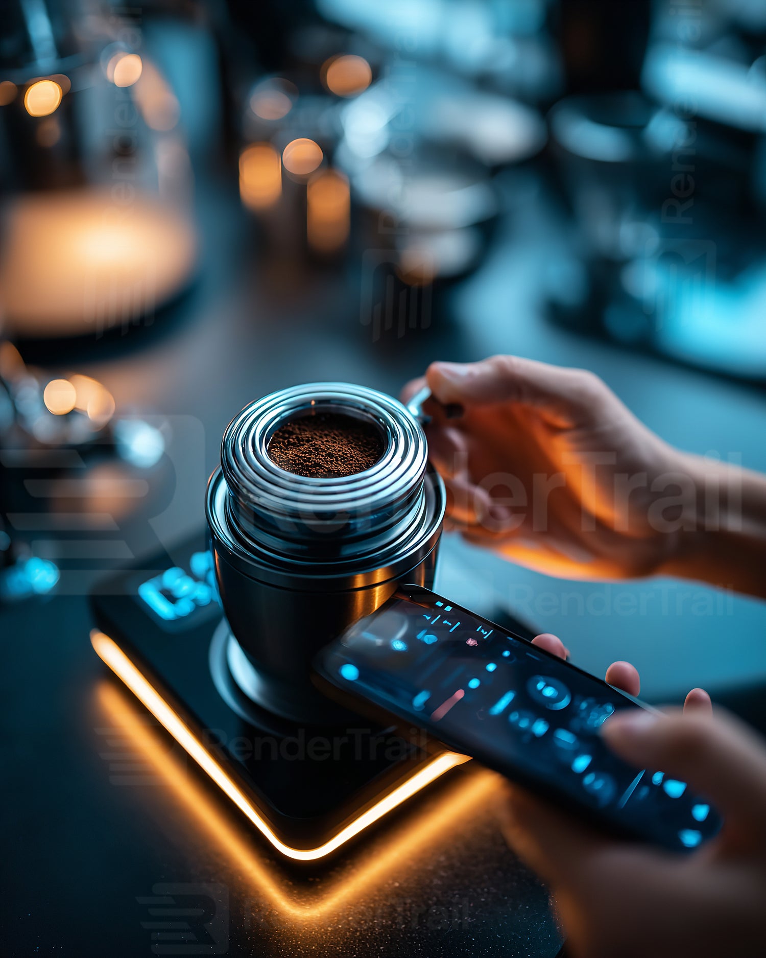 Preparing fresh coffee at home using a digital scale and a smartphone for precise measurements