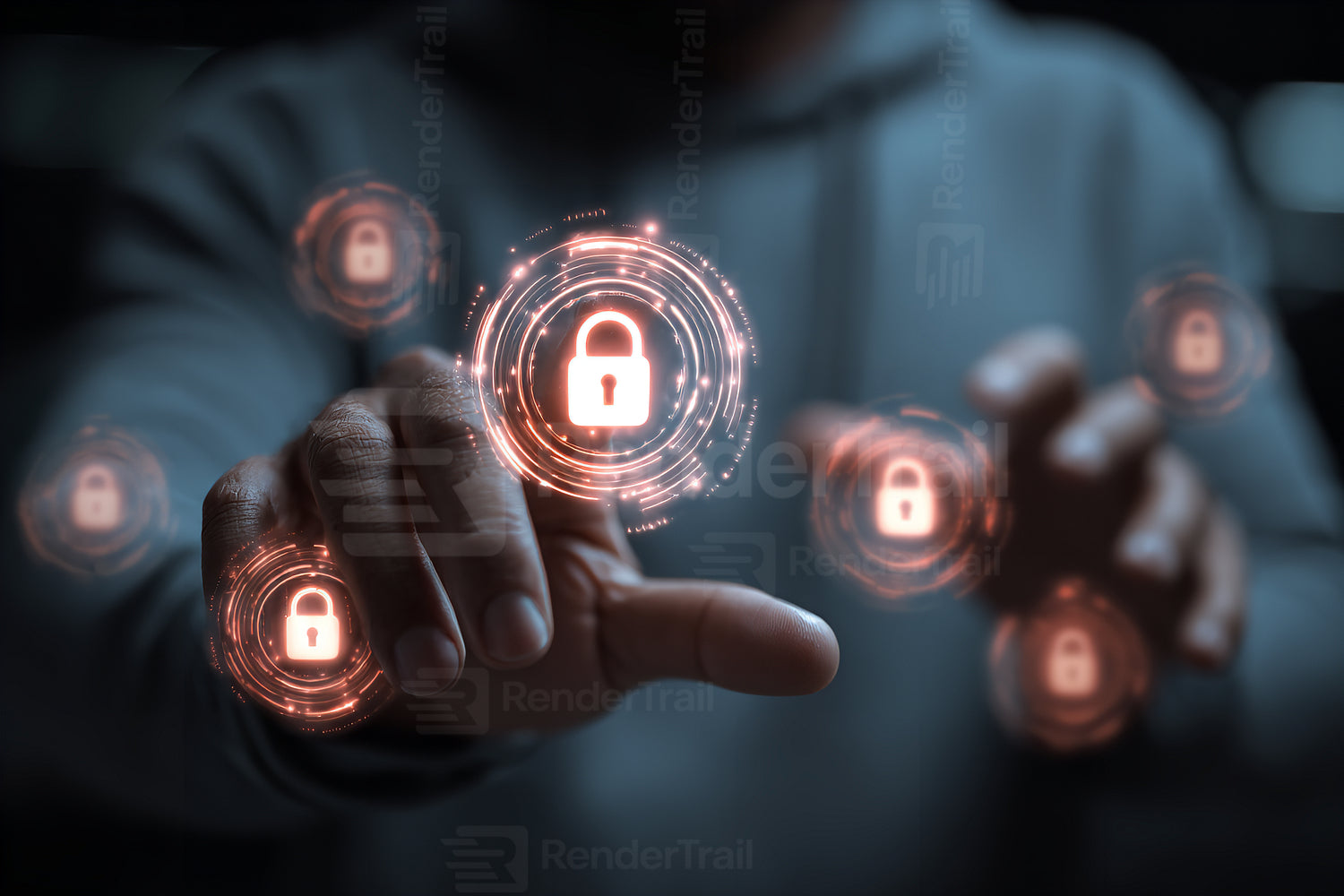 Secure data management through advanced technology and virtual locks in a dark environment with a focused individual