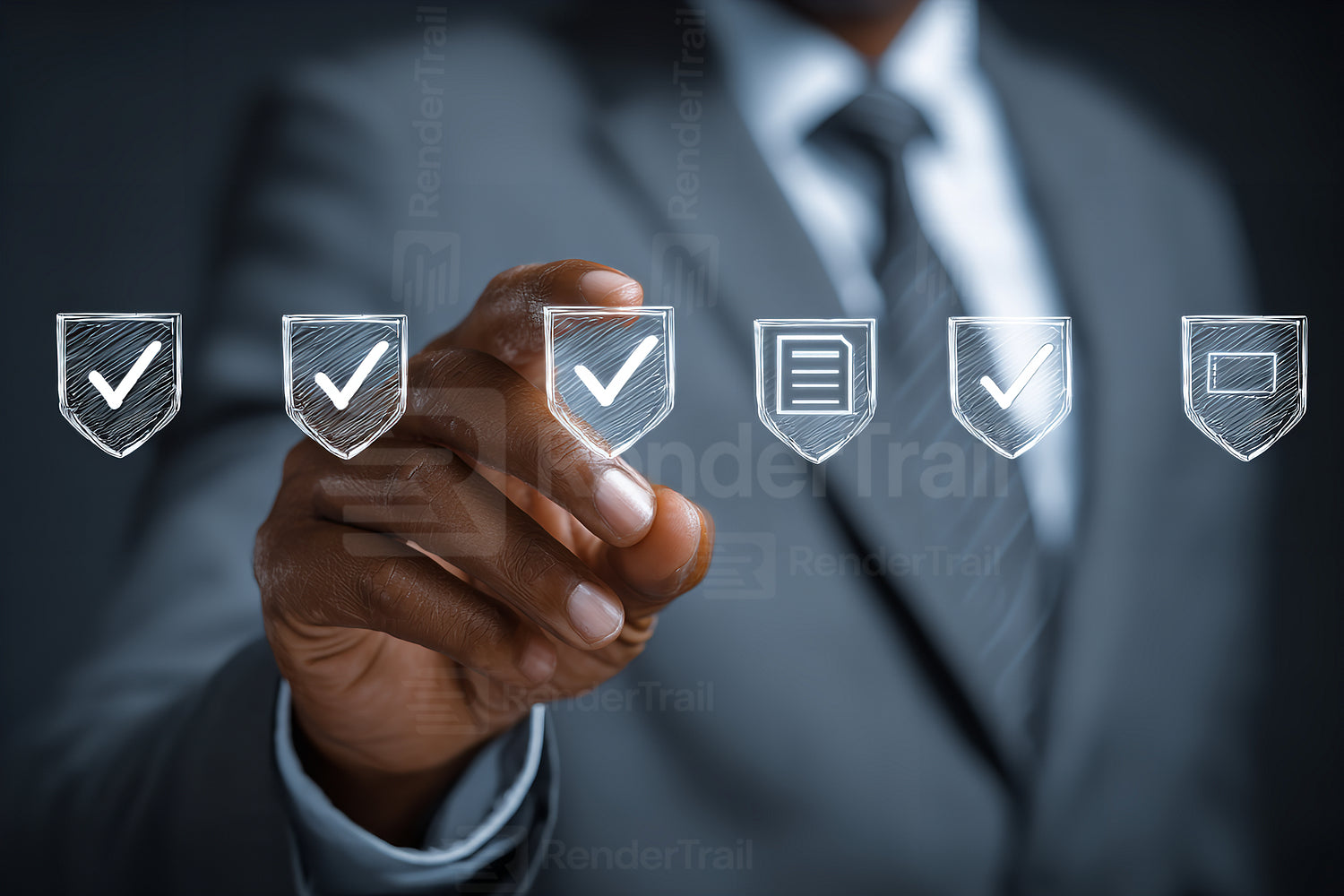 Business professional interacting with digital security icons in a modern office setting