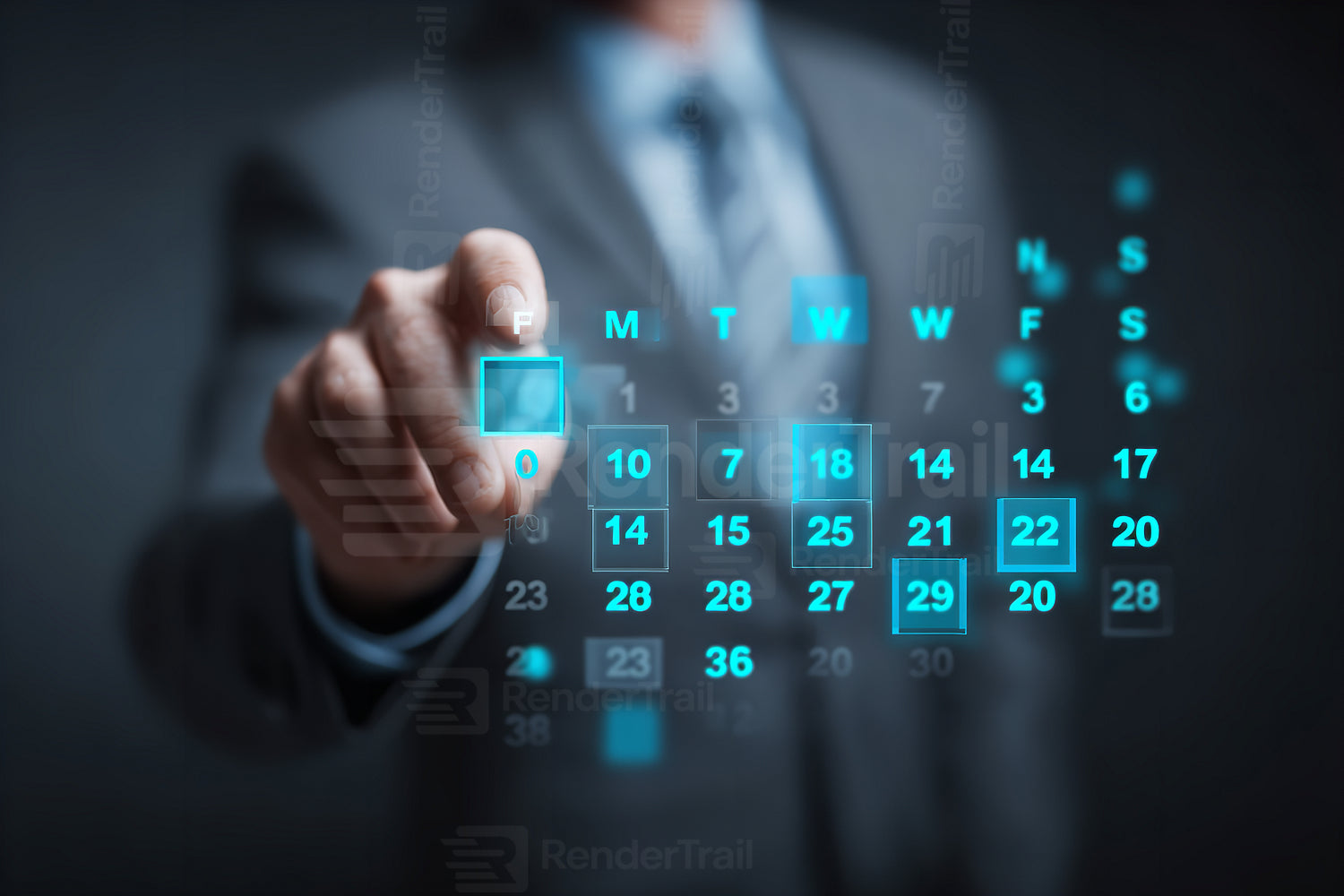 Business professional interacts with digital calendar interface during work hours in a modern office environment