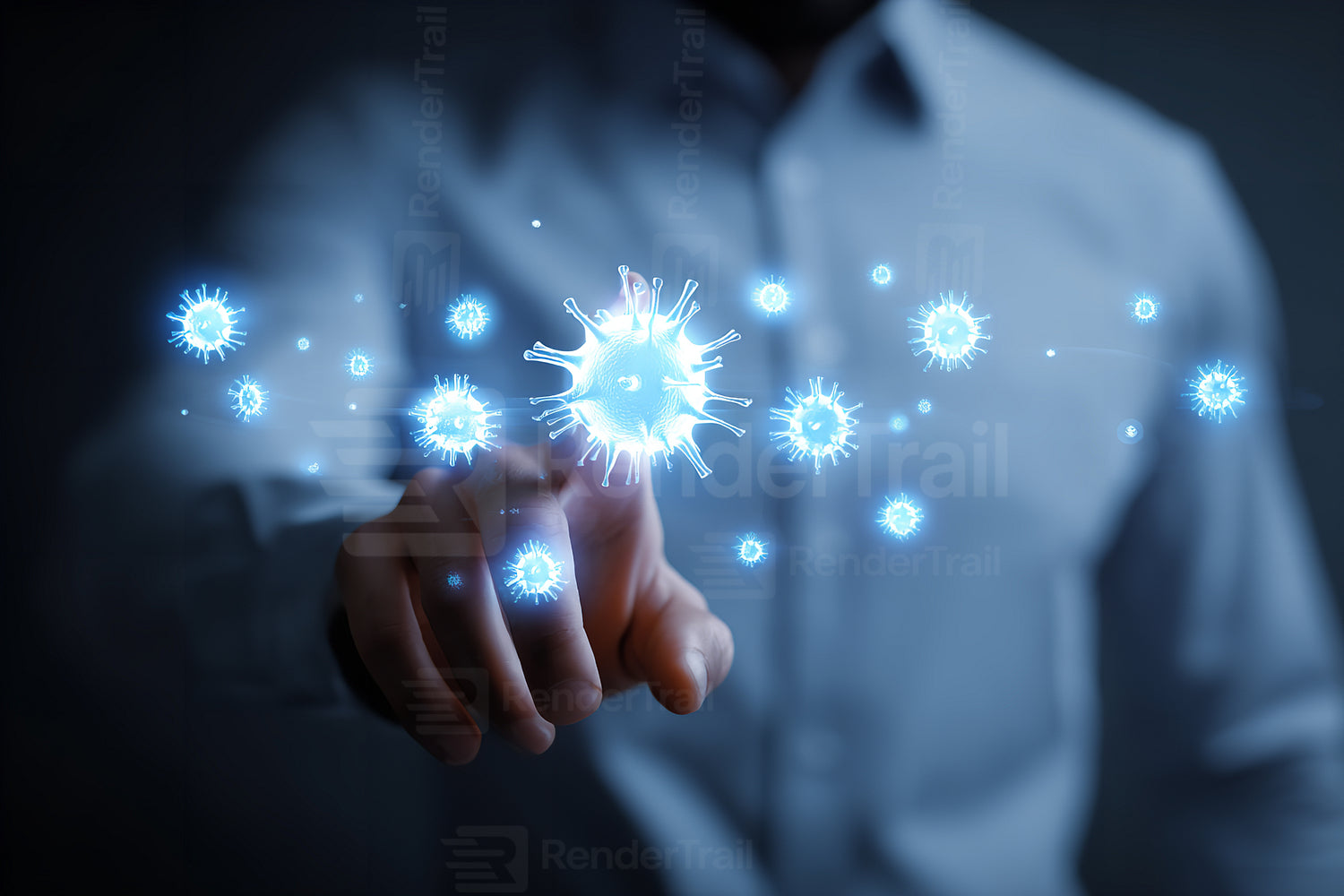 Man interacts with digital virus representations in a dark setting during a scientific demonstration