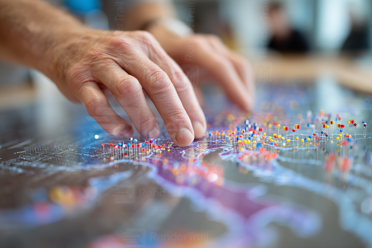 Exploring the details of a geographic map with colorful pins during a planning session