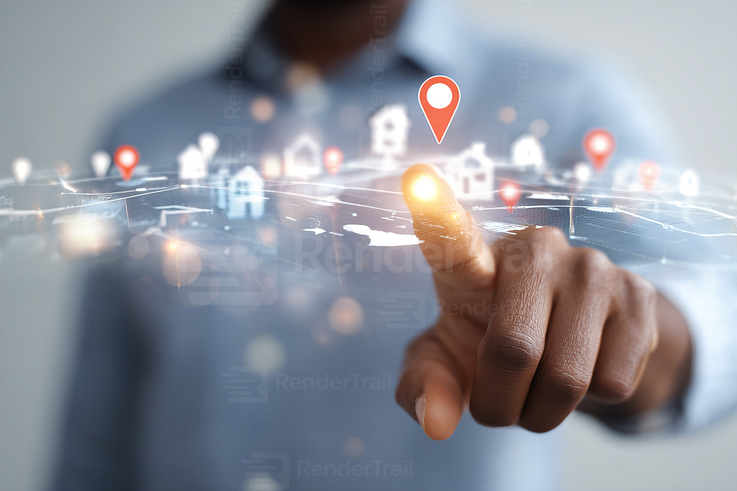 Man interacting with a digital map displaying location markers for homes and properties