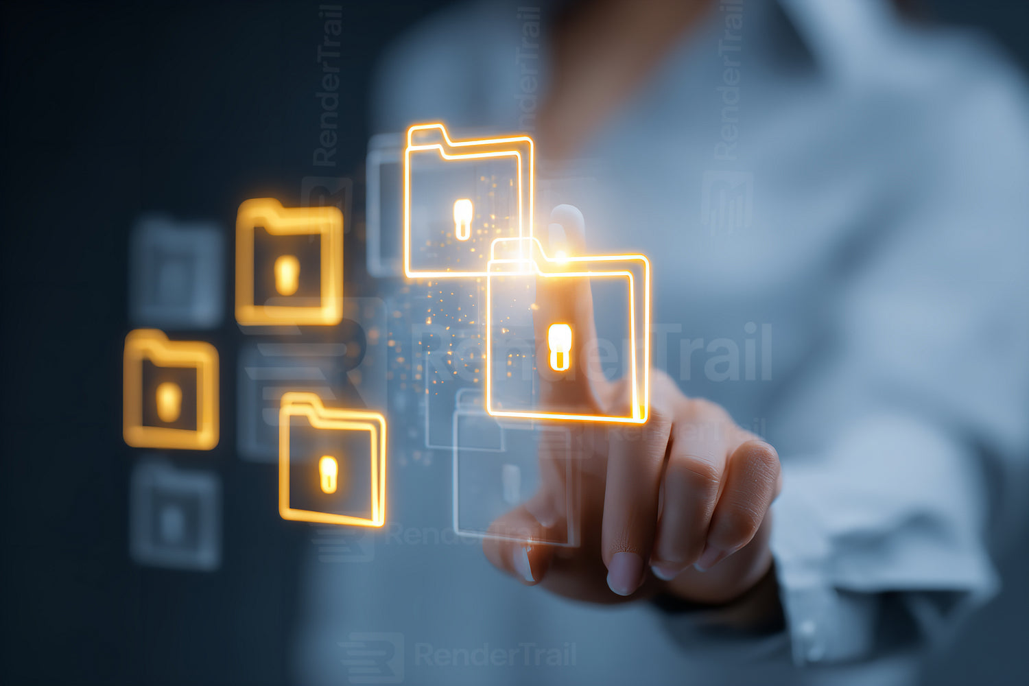 Innovative technology session showcasing a hand engaging with digital security icons in a modern workspace