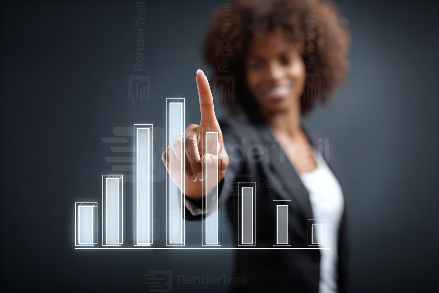 Businesswoman gestures toward a rising graph during a strategic planning session in the office