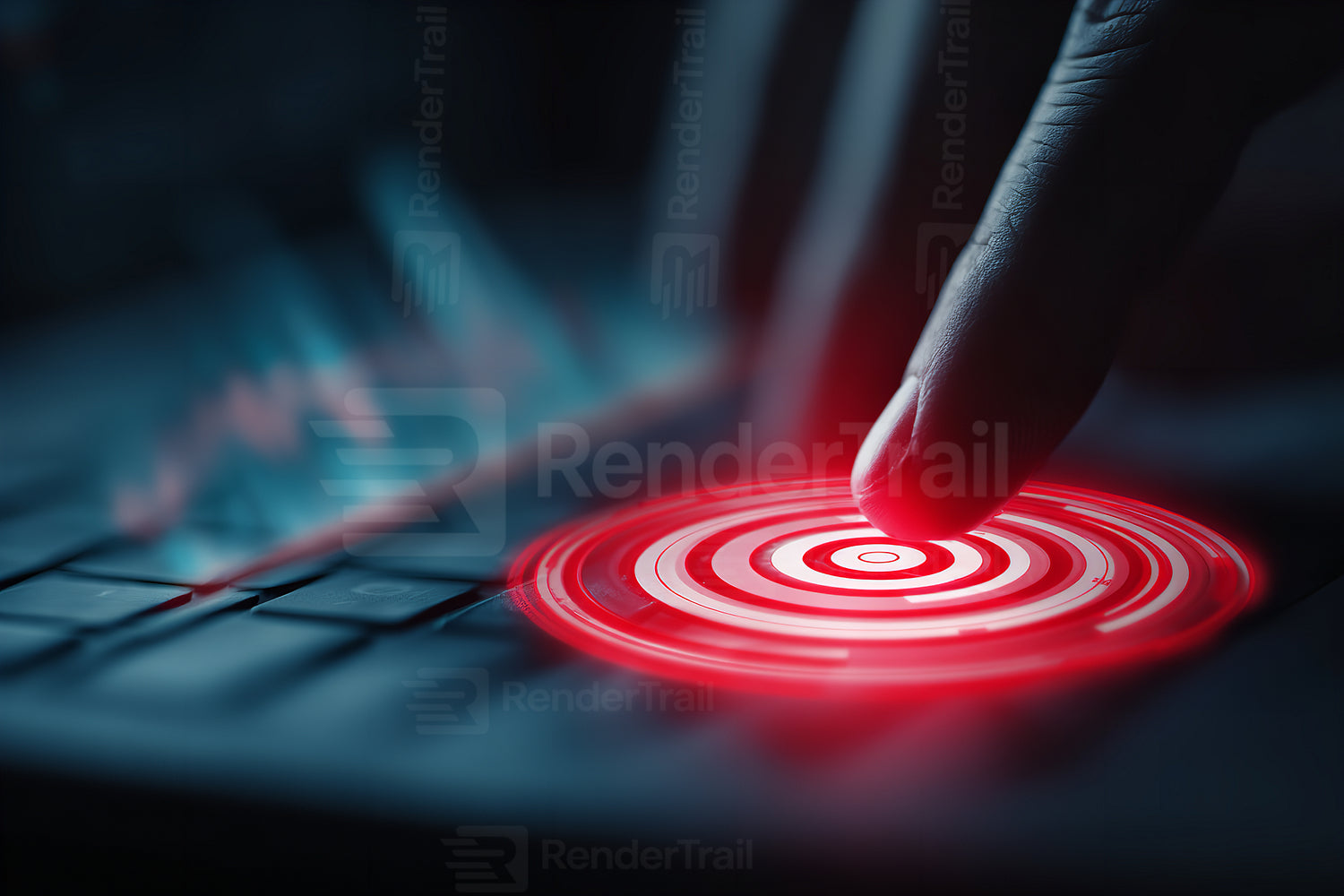 Finger touches glowing red target on a digital interface while data visualizations appear in the background at night