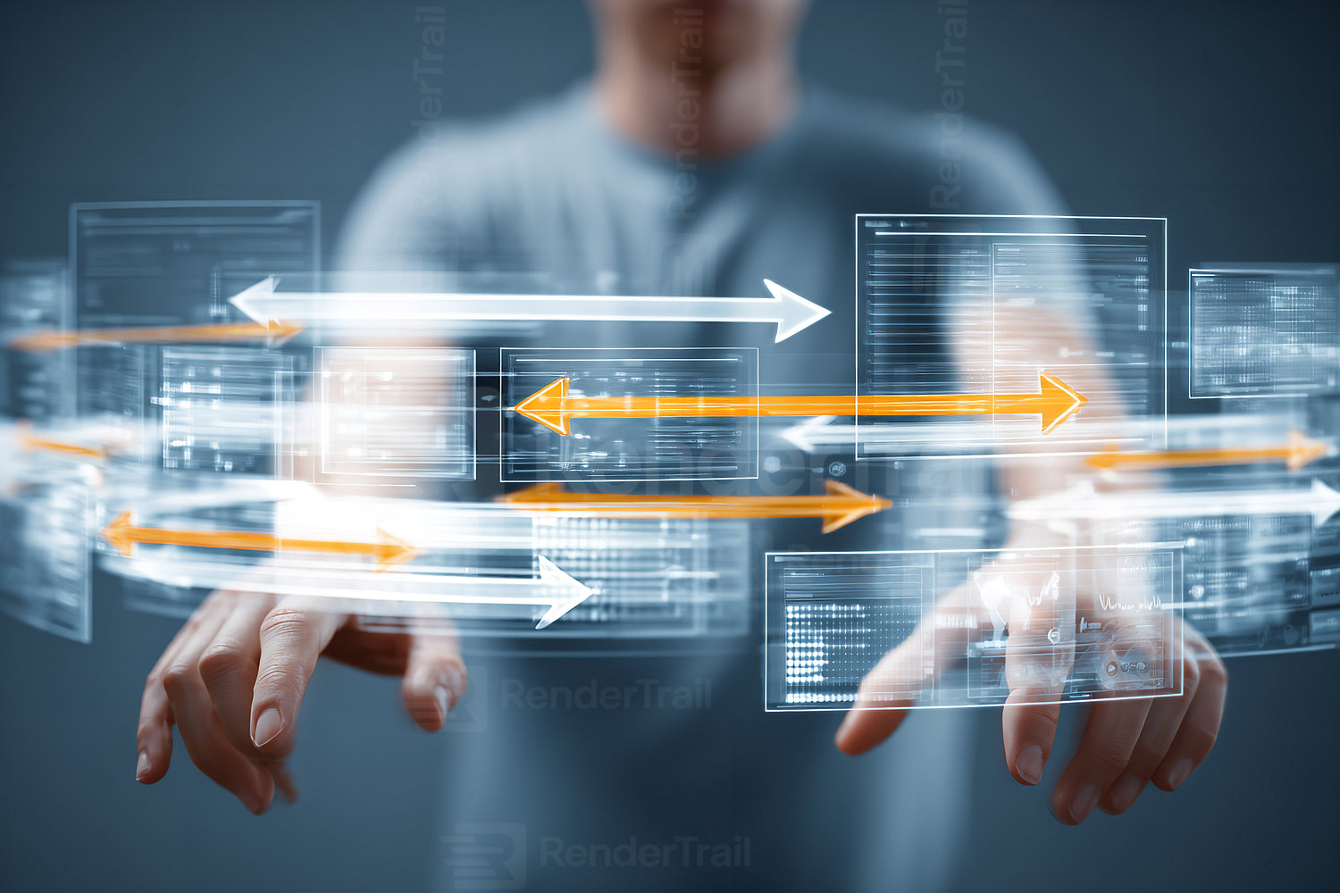 Hands interact with floating digital information in a futuristic space