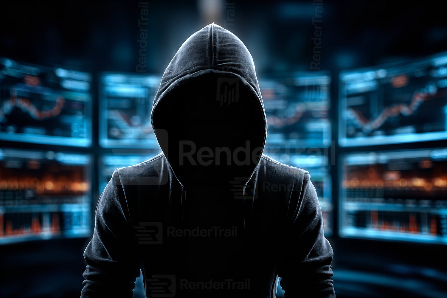 Mysterious figure in hoodie surrounded by digital screens displaying data trends and information at night
