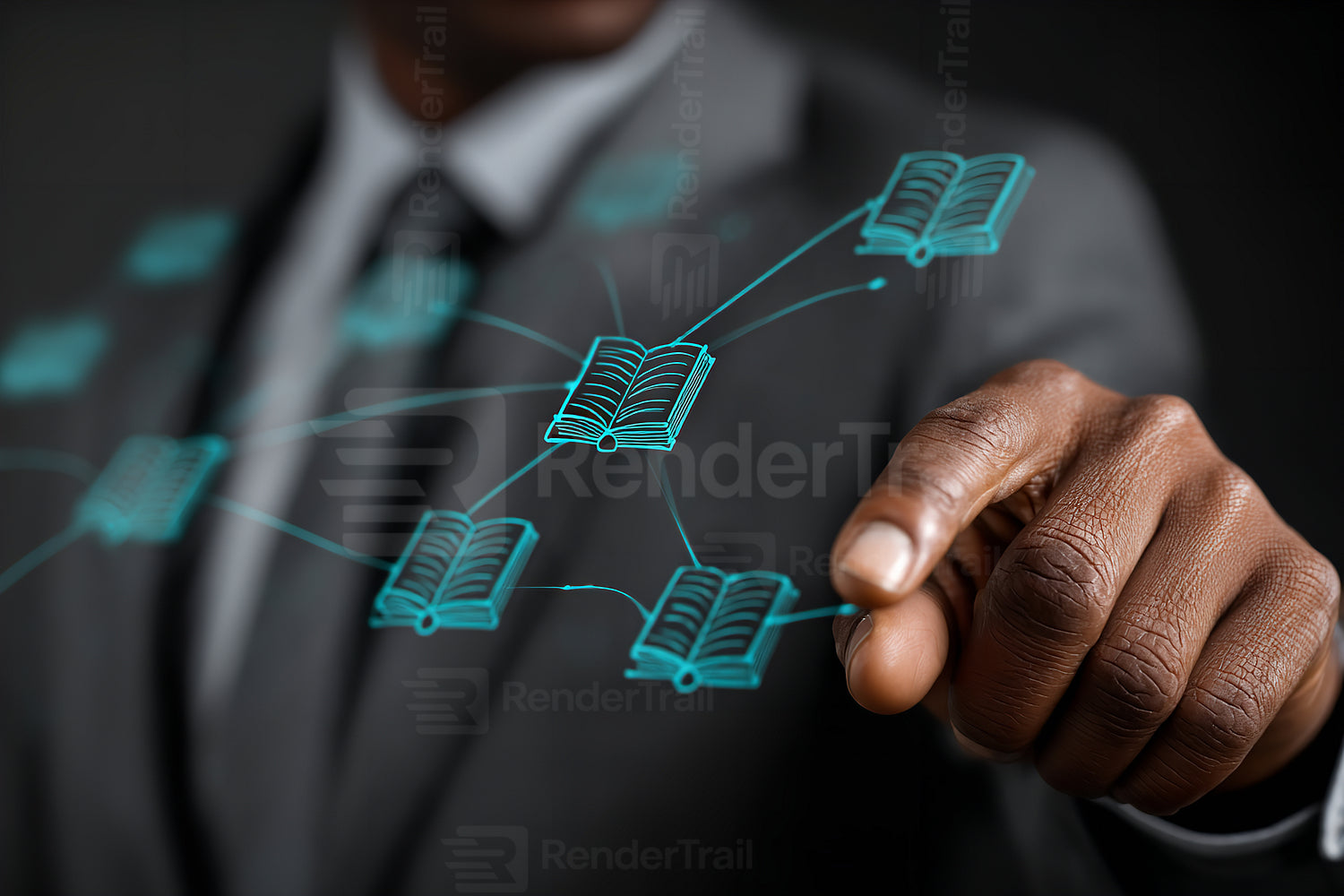 Businessperson interacting with digital book network background in a modern setting