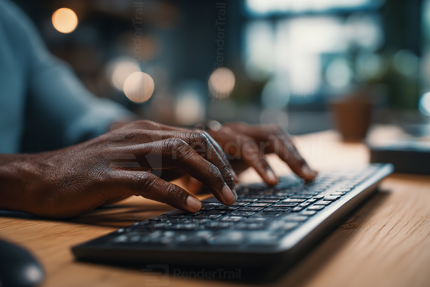 Hands typing on a modern keyboard in a cozy workspace during the afternoon