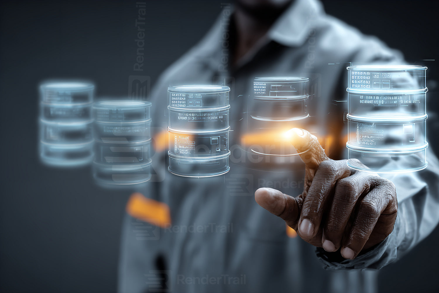 Man interacting with transparent data storage visuals in a modern digital environment