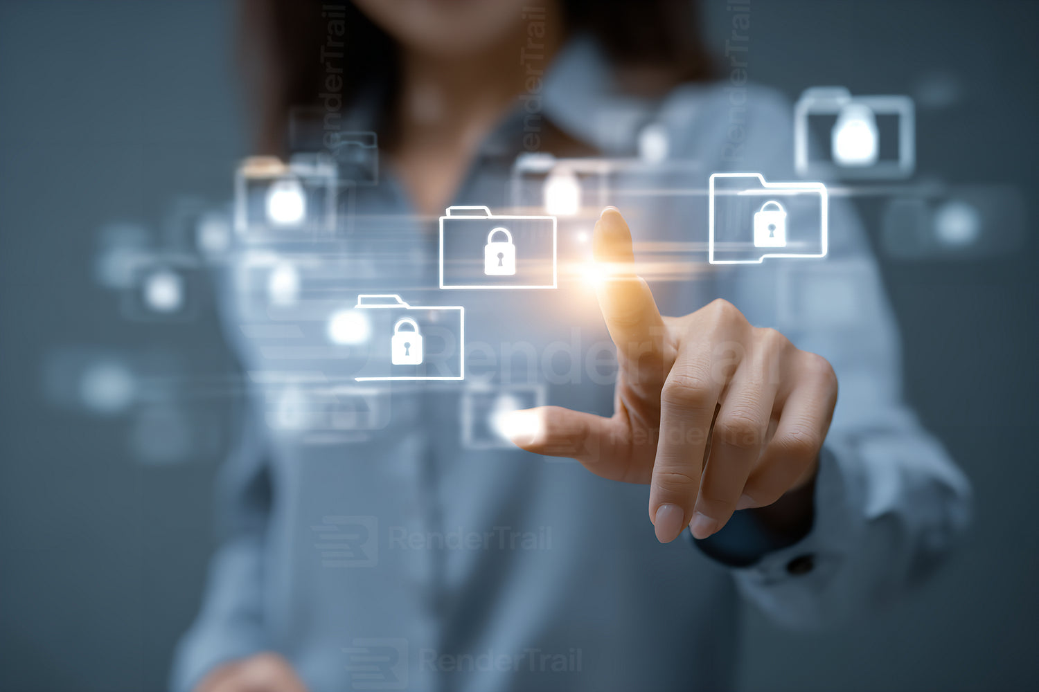 Woman interacting with digital security icons in a modern office setting