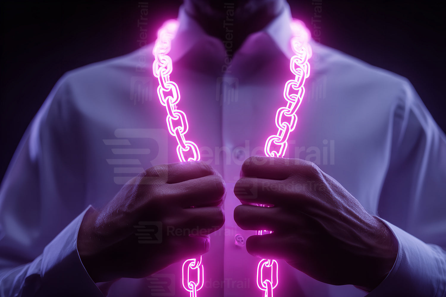Man holding glowing pink chain necklace, showcasing style in a dark background with creative lighting