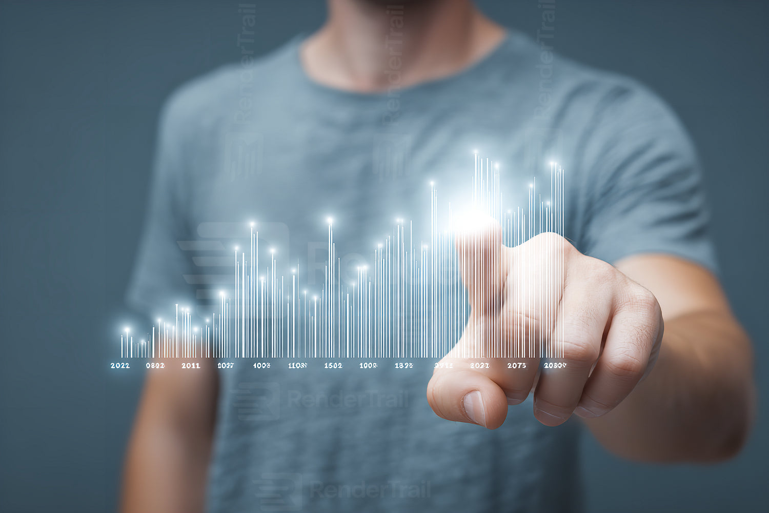 Man interacting with digital growth chart to analyze data trends and projections in a modern workspace