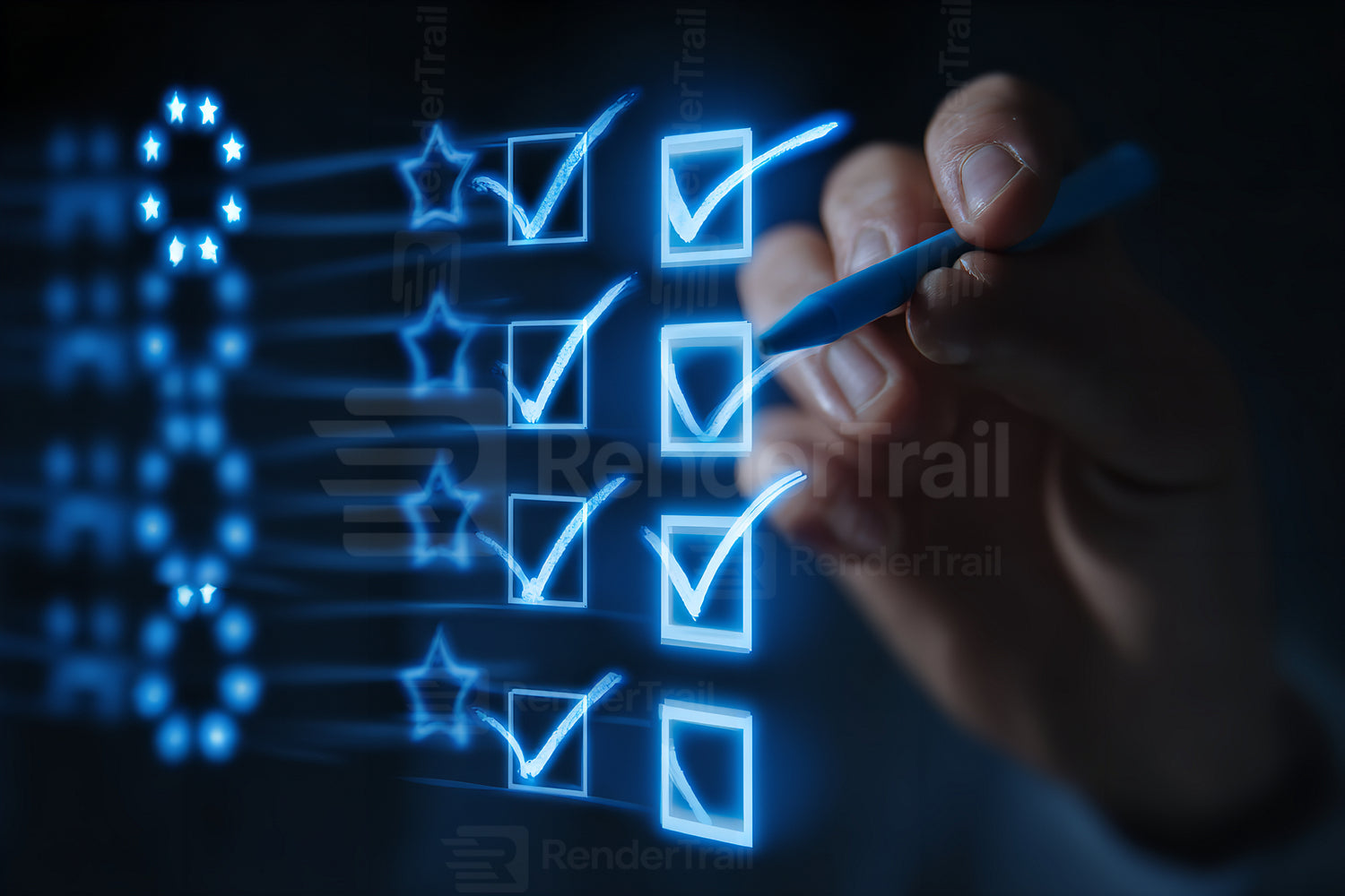 Person reviewing performance metrics and making selections on a digital interface in a dark office setting