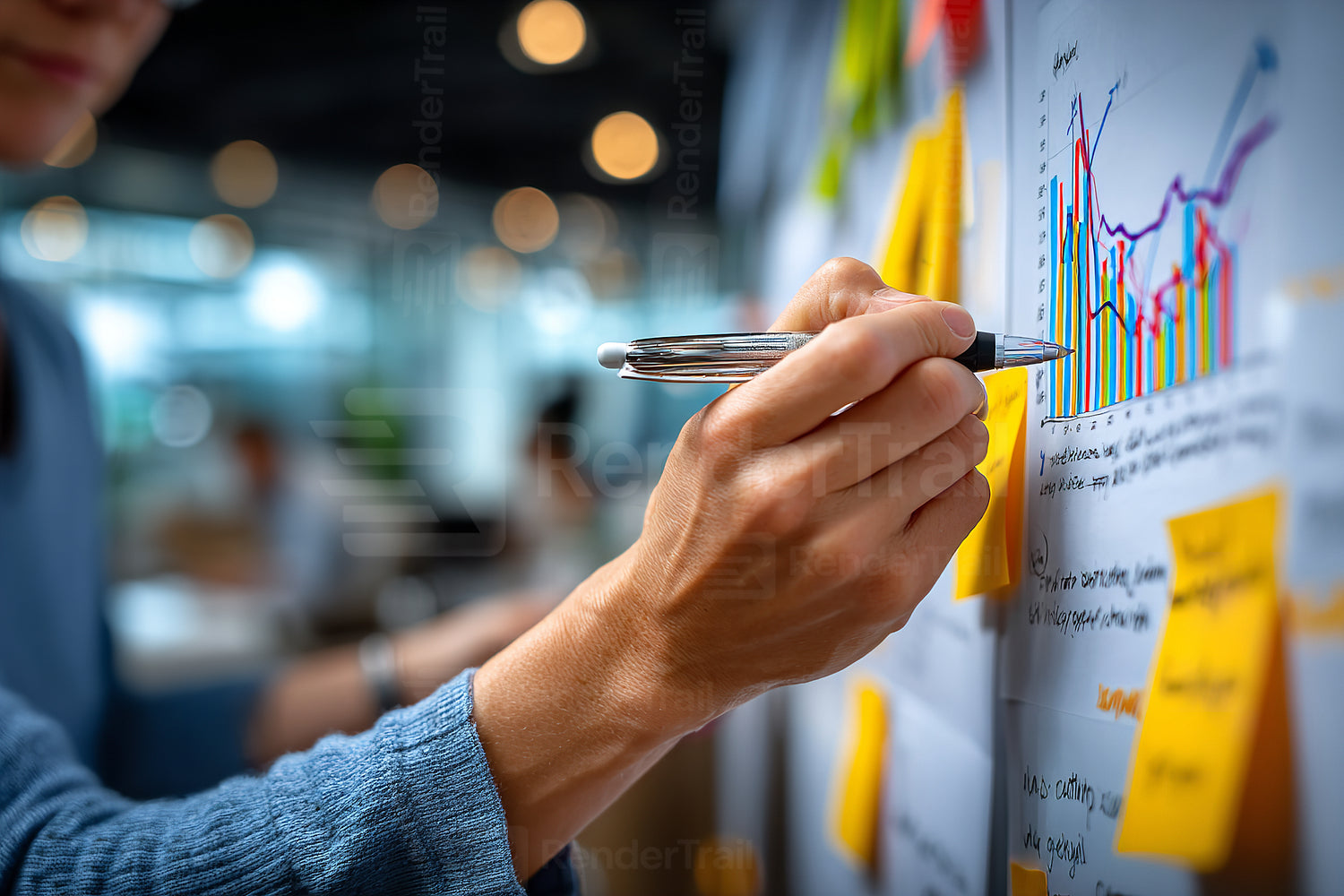 Team member presenting data analysis during a busy meeting in a modern office space with colorful sticky notes