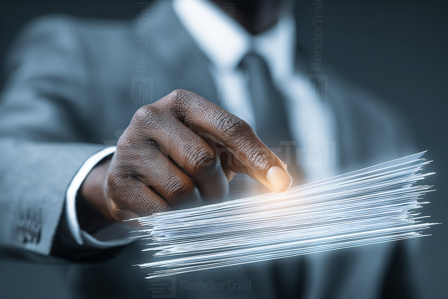 Business professional interacting with digital data display in a modern office setting