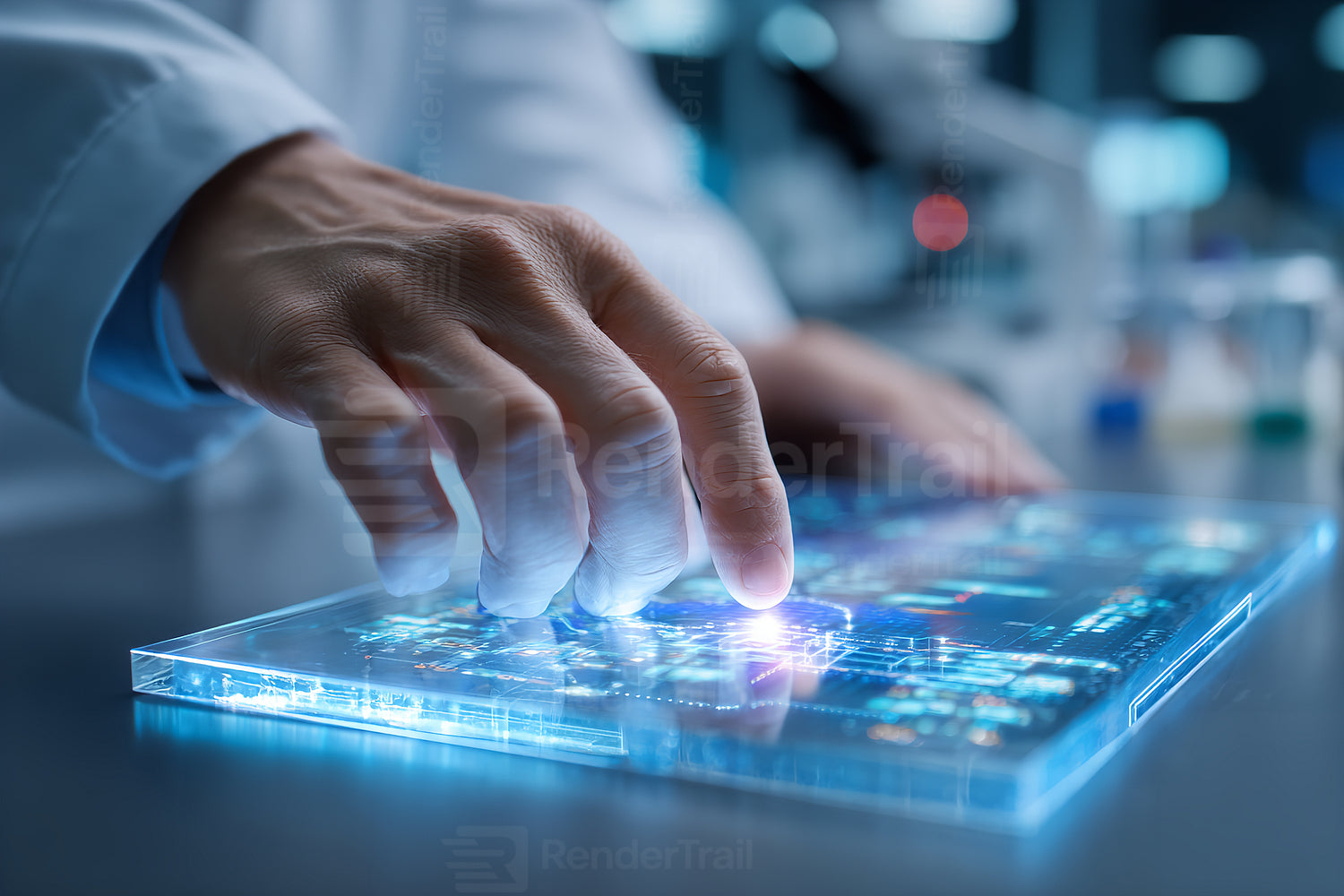 Scientist interacts with holographic display in laboratory, exploring new data and technology