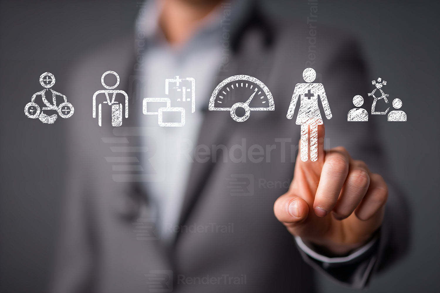 Man in suit interacting with healthcare technology symbols on a touchscreen interface in a modern office setting
