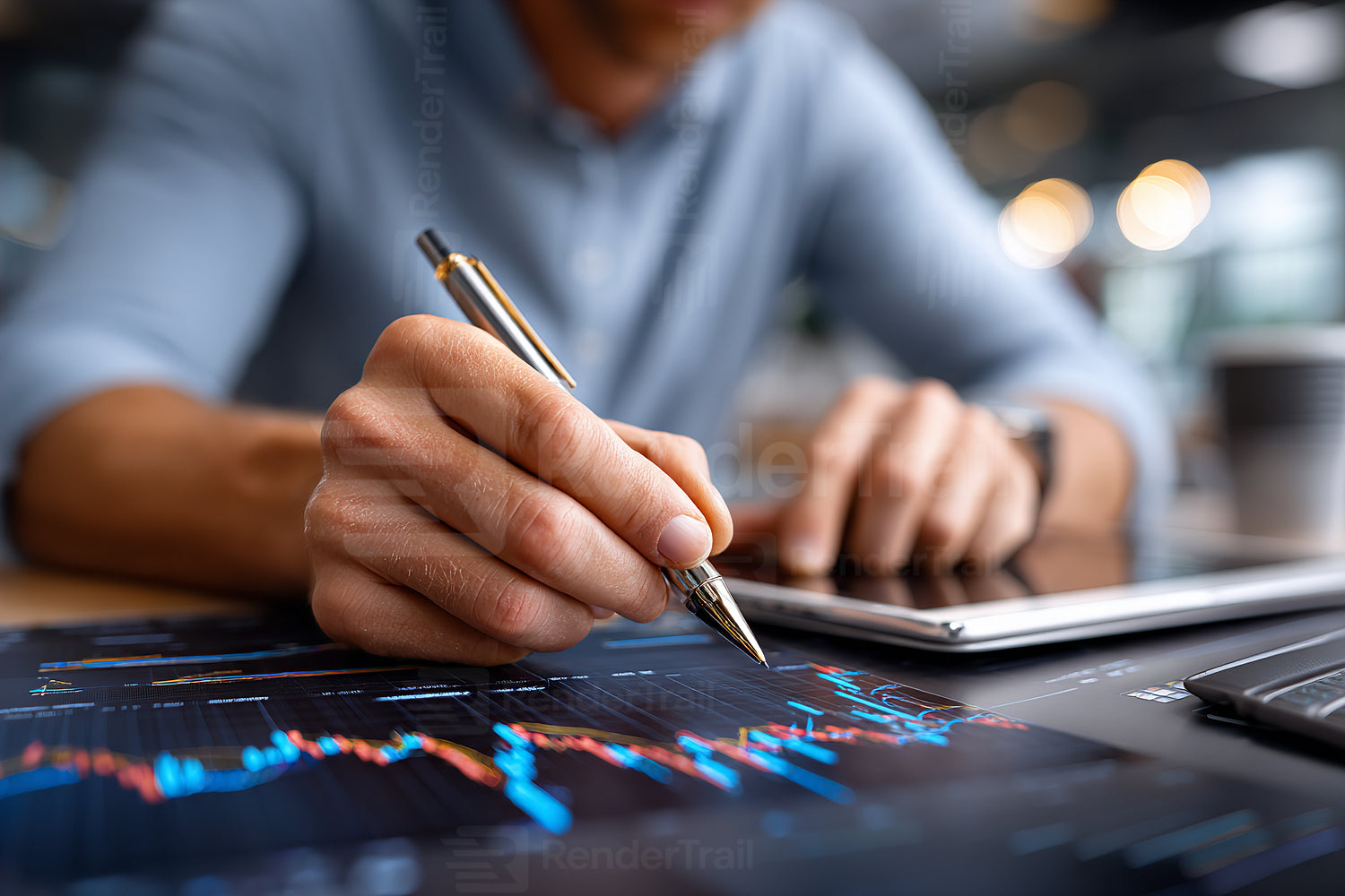 Business professional analyzing market trends with tablet and charts during daytime in modern office setting
