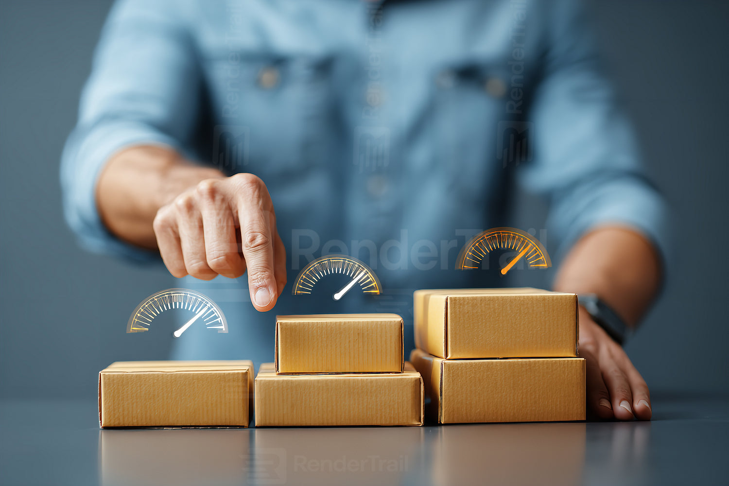Man measuring packages' performance with visual indicators in a workspace