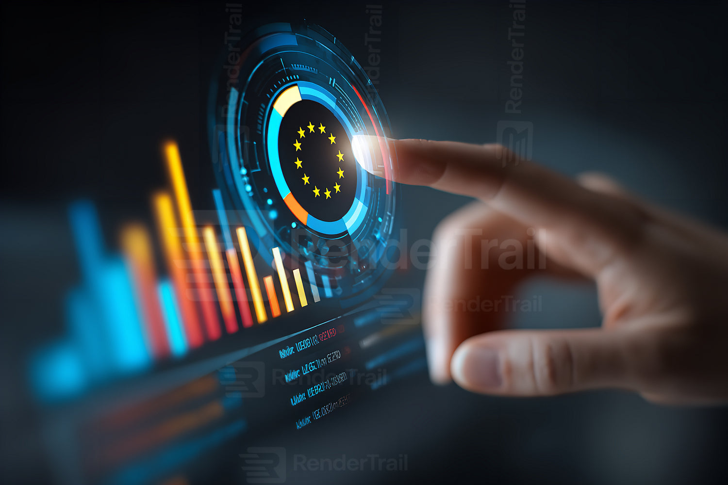 Digital dashboard displaying European Union data with interactive touch interface