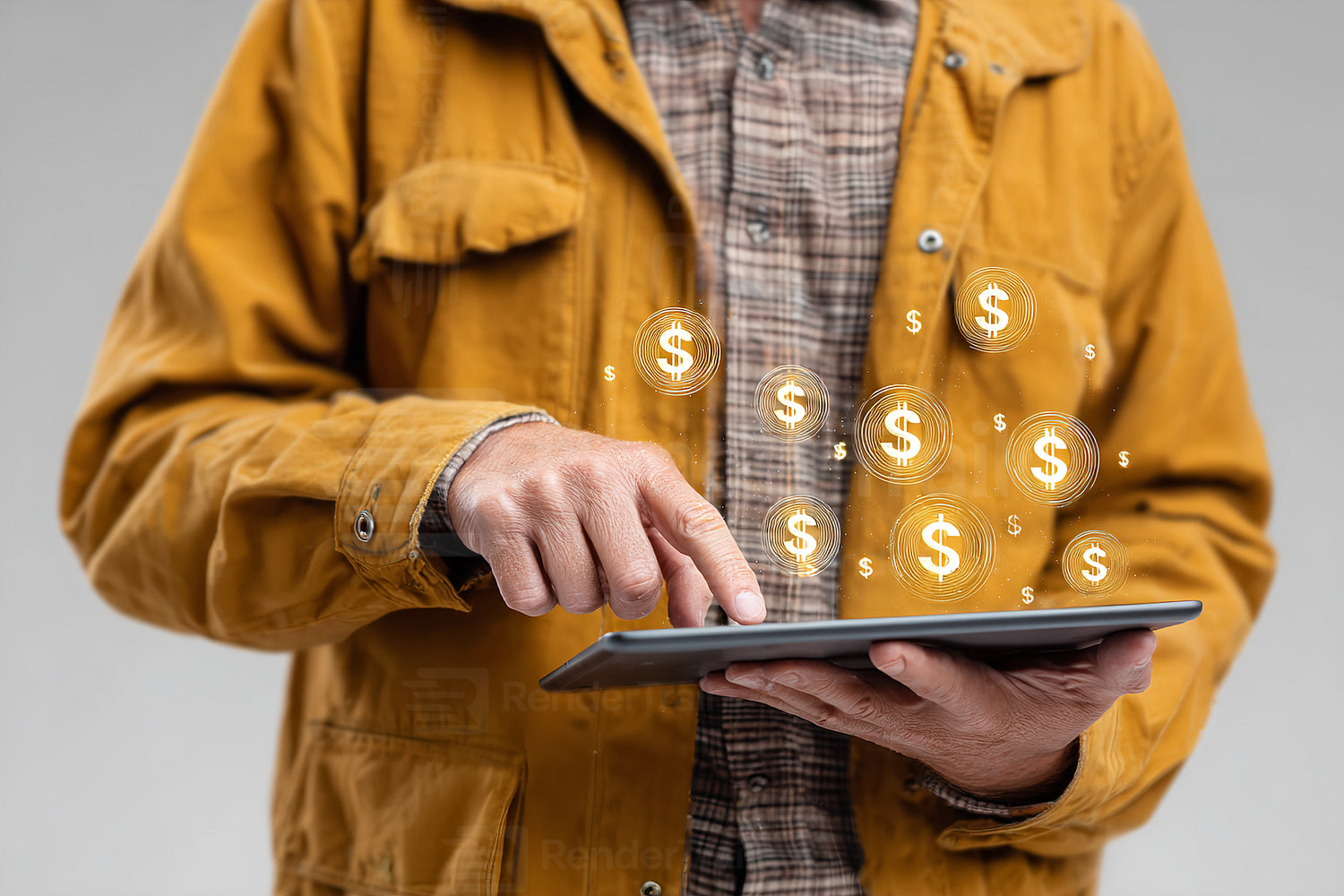 Man uses tablet to manage finances and track investments with digital currency symbols in the air