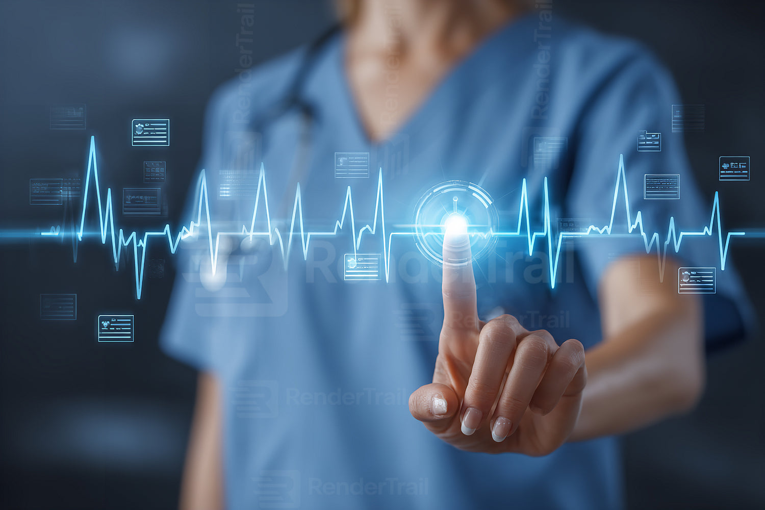 Medical professional interacts with digital health monitor in a modern healthcare setting