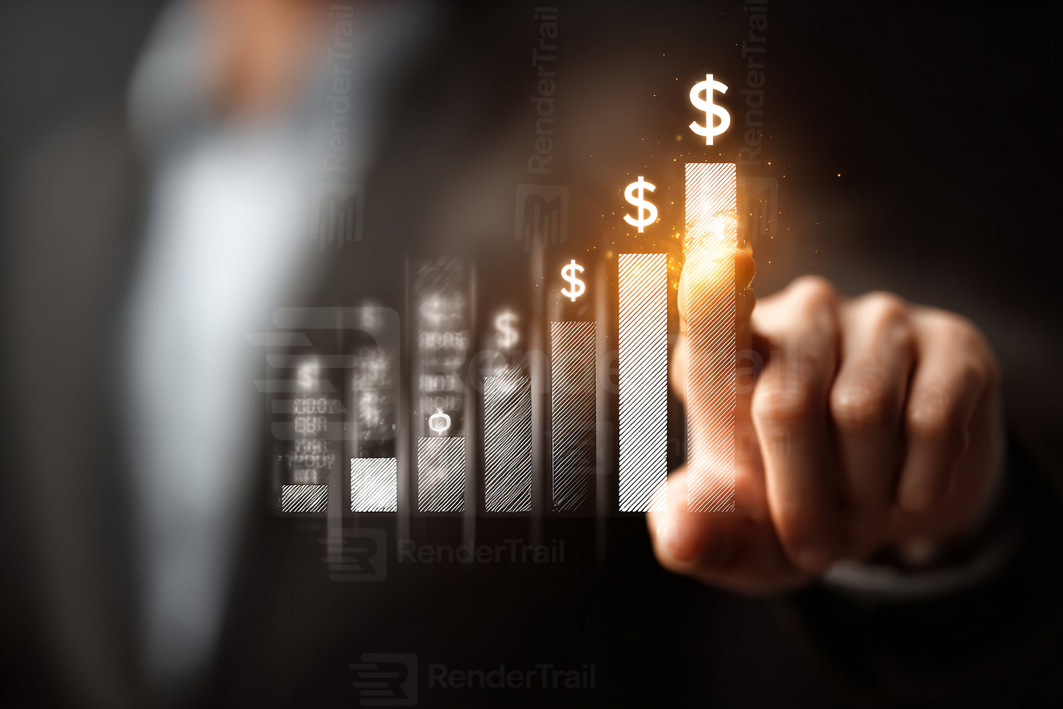 Business professional interacts with digital growth chart and monetary symbols in a finance-focused setting