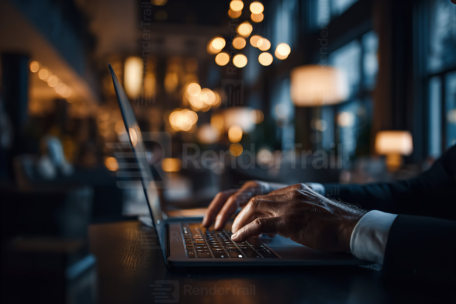 Evening work session in a cozy cafe with warm lighting and a laptop