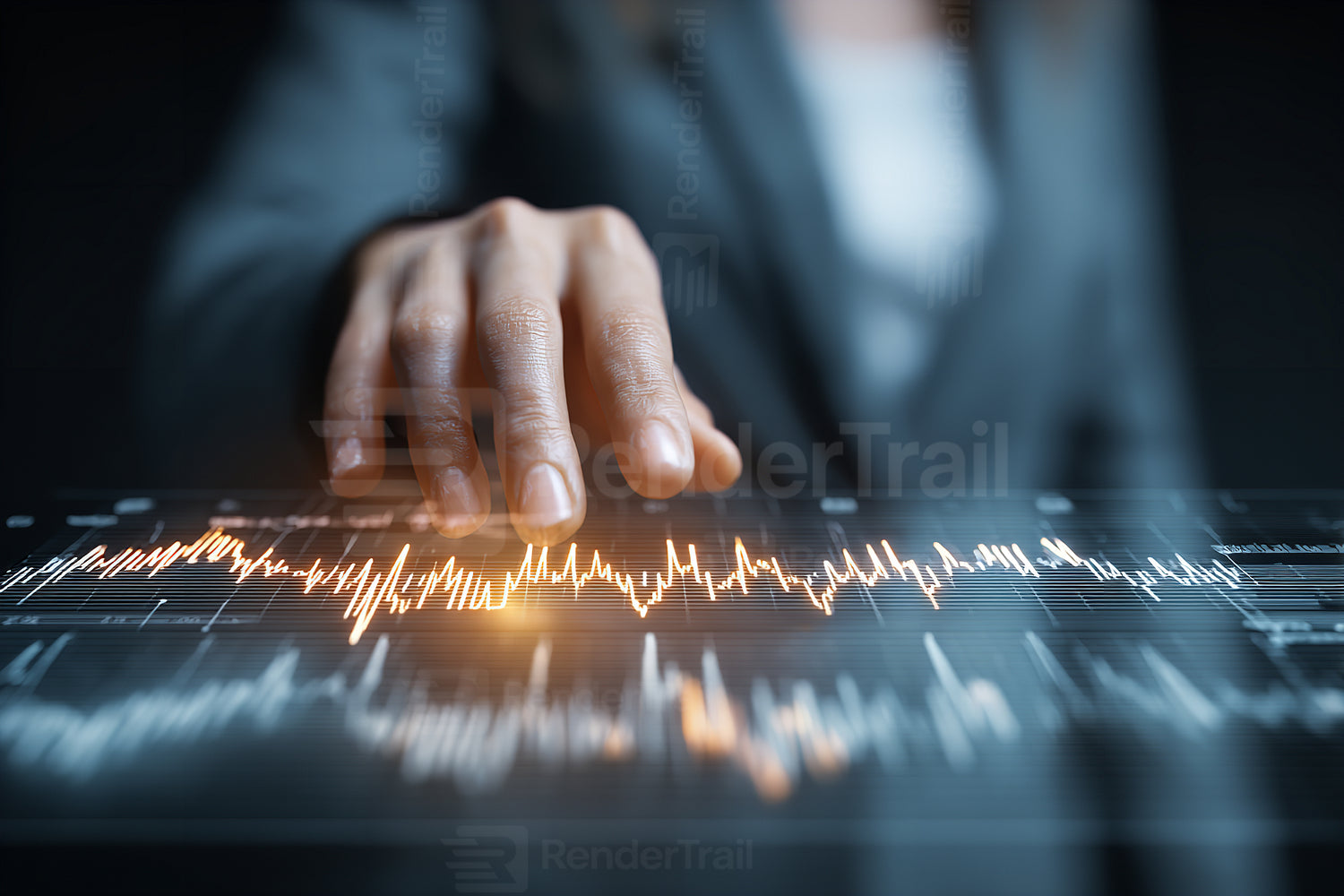 Innovative technology demonstrates a hand interacting with data visualization in a modern workspace setting