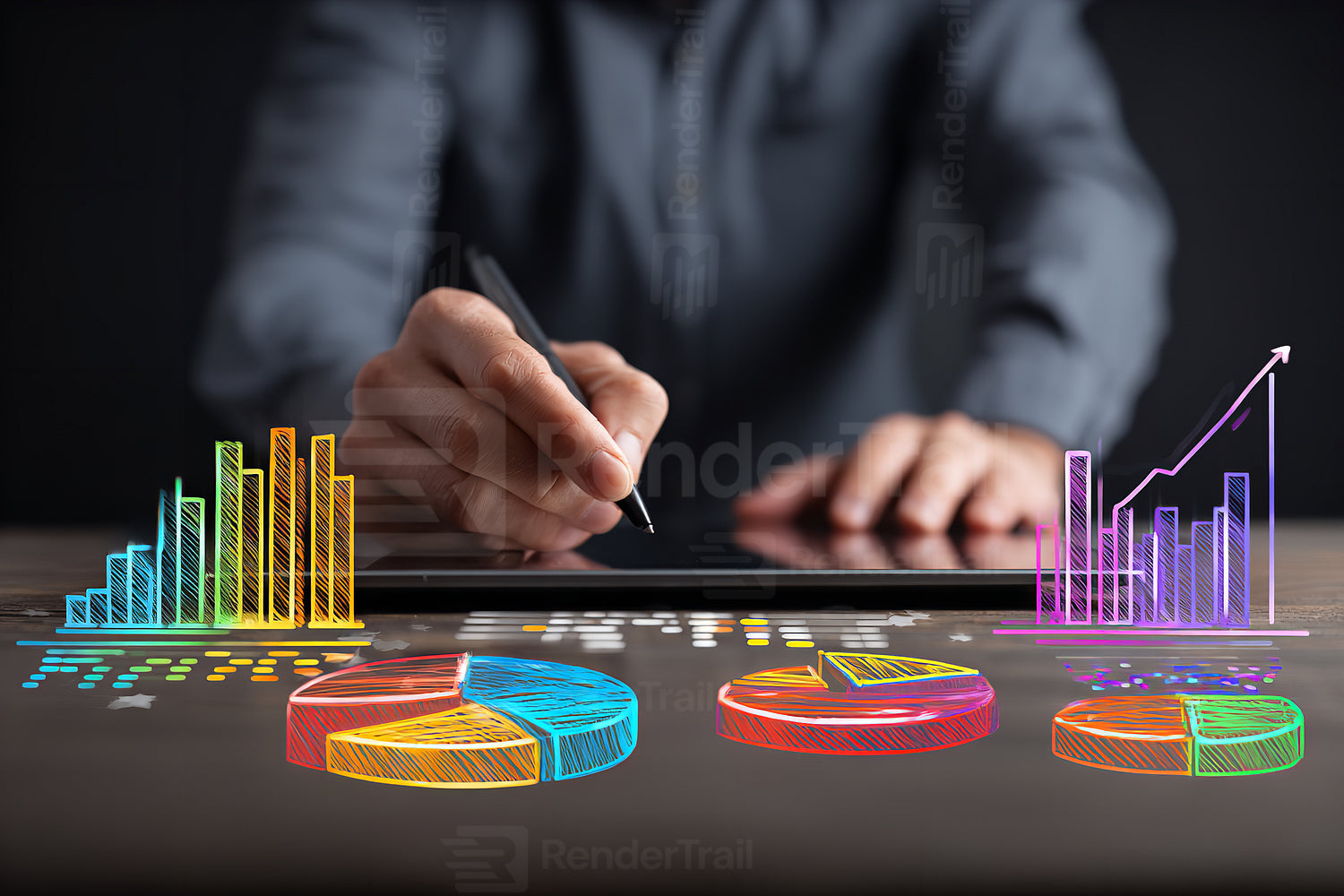Data analysis session showing colorful charts and graphs on a digital tablet in a modern workspace