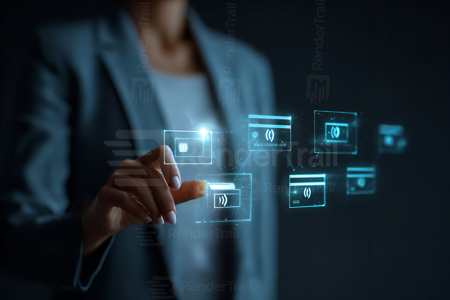 Innovative business professional interacting with holographic technology in a modern office setting during evening hours