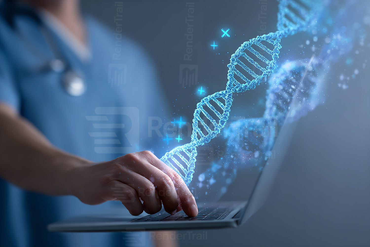 Medical professional using laptop to analyze DNA data in a modern healthcare setting during a research session