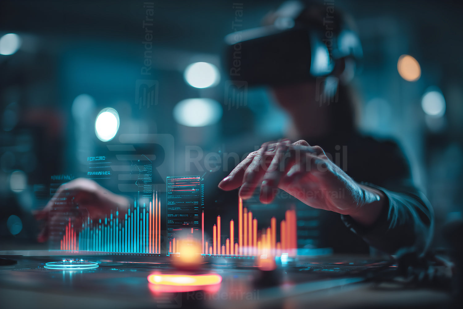 Experience virtual reality music creation in a studio at night