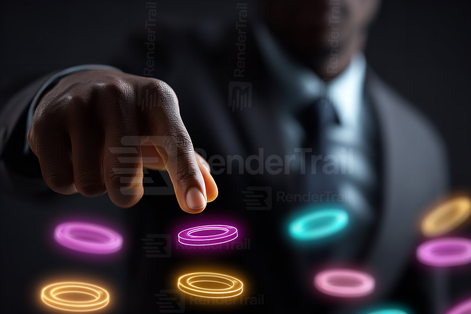 Business professional interacting with holographic elements in a dark environment during a futuristic conference